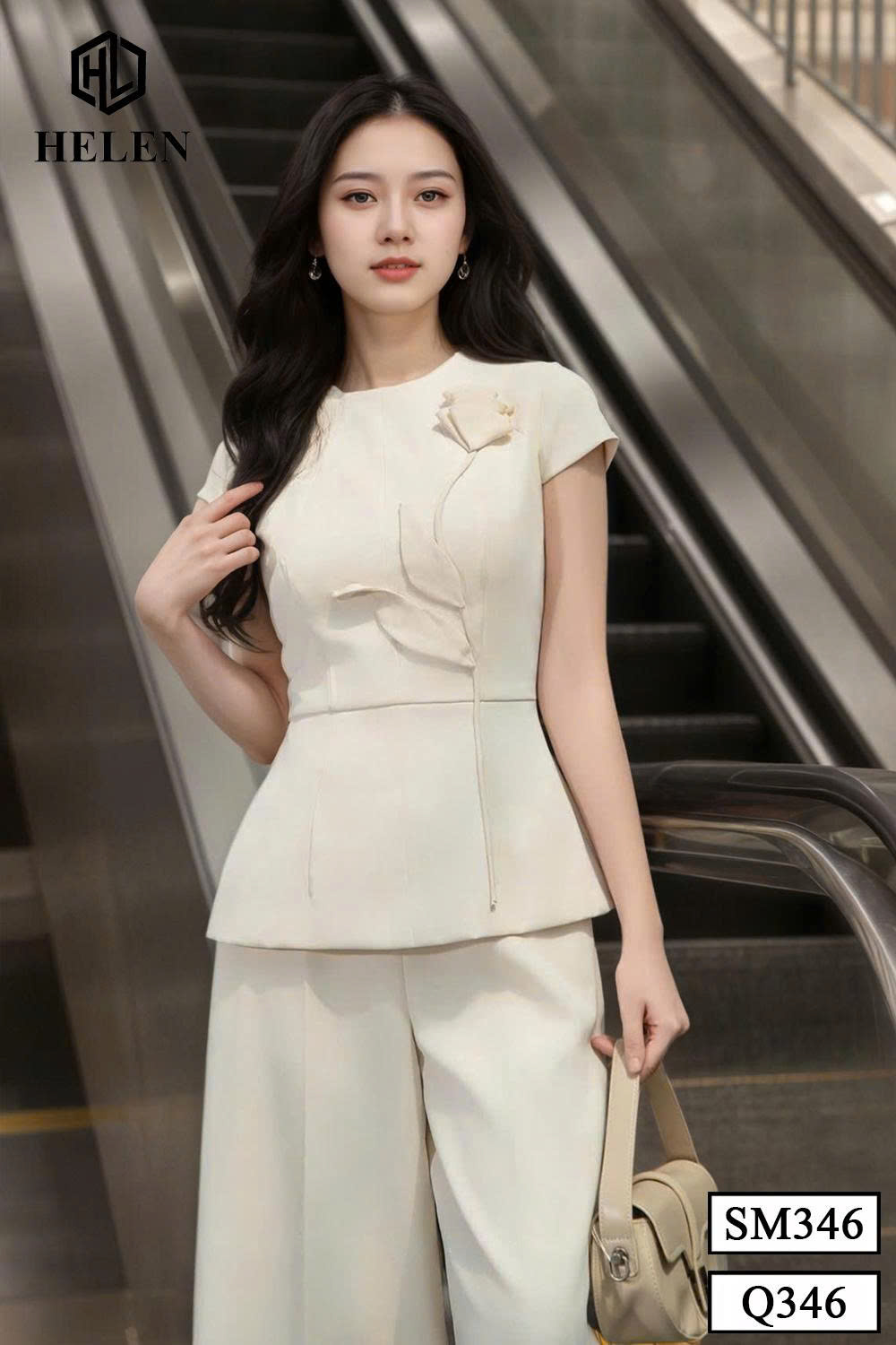 Set sơ mi kem cổ tròn đính hoa ngực + quần suông màu kem SET346Q_thumbnail_2