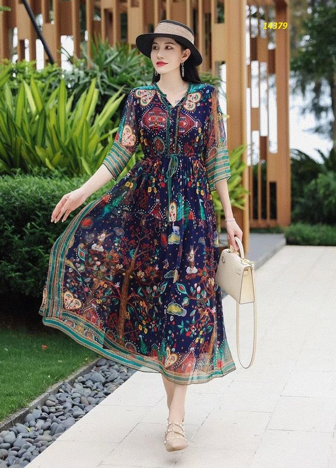 14379-Đầm xòe xanh đen họa tiết dạng thổ cẩm_thumbnail_5