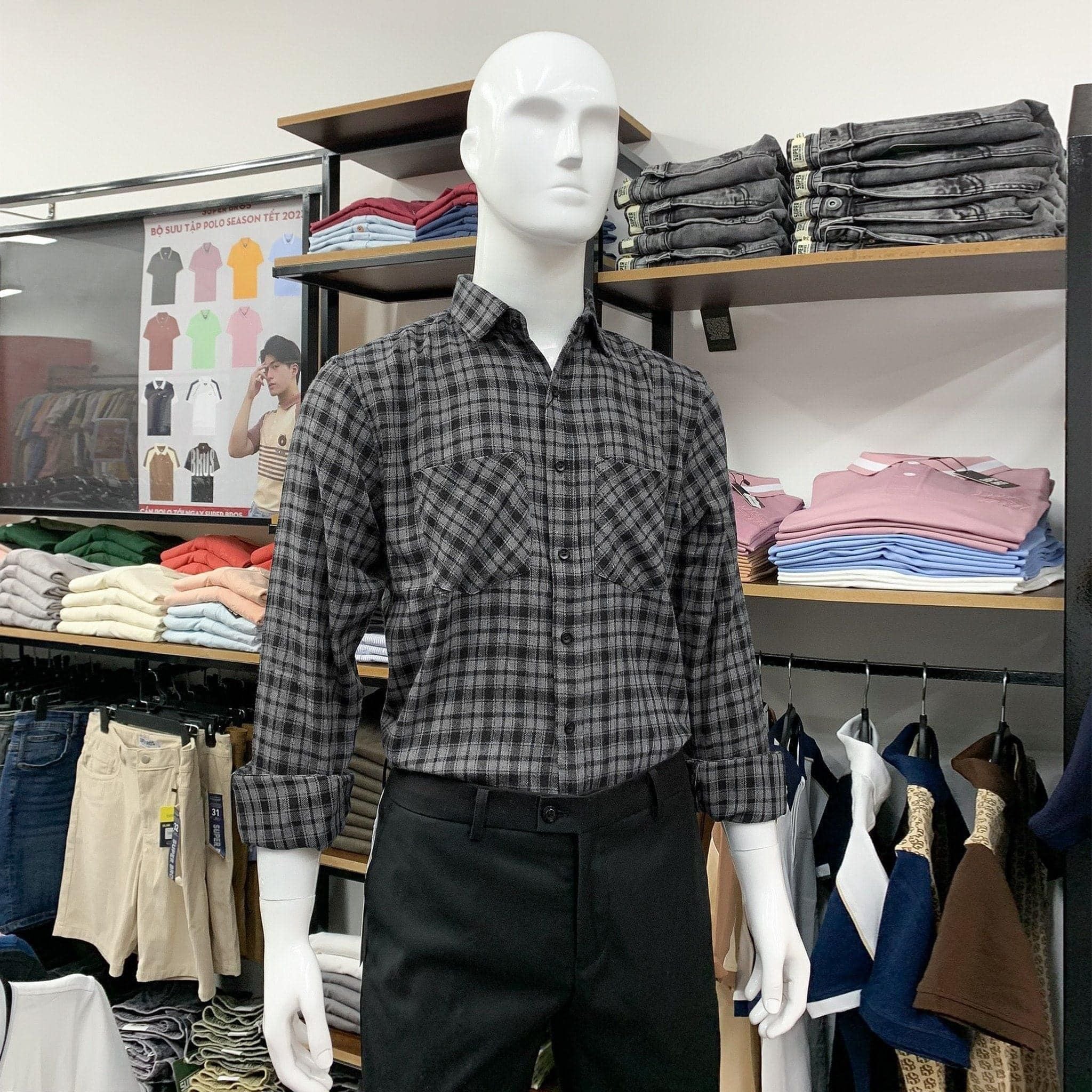 Áo Sơ Mi Super Brother FLANNEL Cotton Cá Sấu Logo Thêu Màu Đen_thumbnail_3