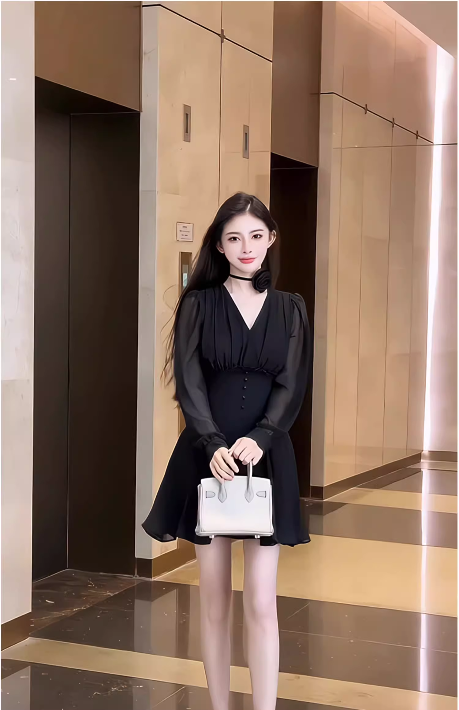 16073-Đầm voan tay dài cổ V cách điệu (  voan, lót)_thumbnail_1