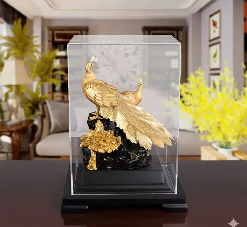 Qùa tặng hộp đôi chim công mạ dát vàng 24k KT 22CM X 17CM 