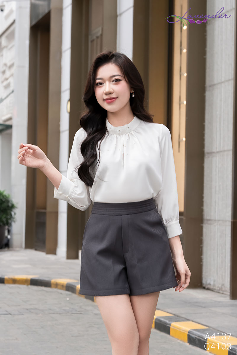 Set Áo sơ mi cổ trụ trang trí hoa S4137