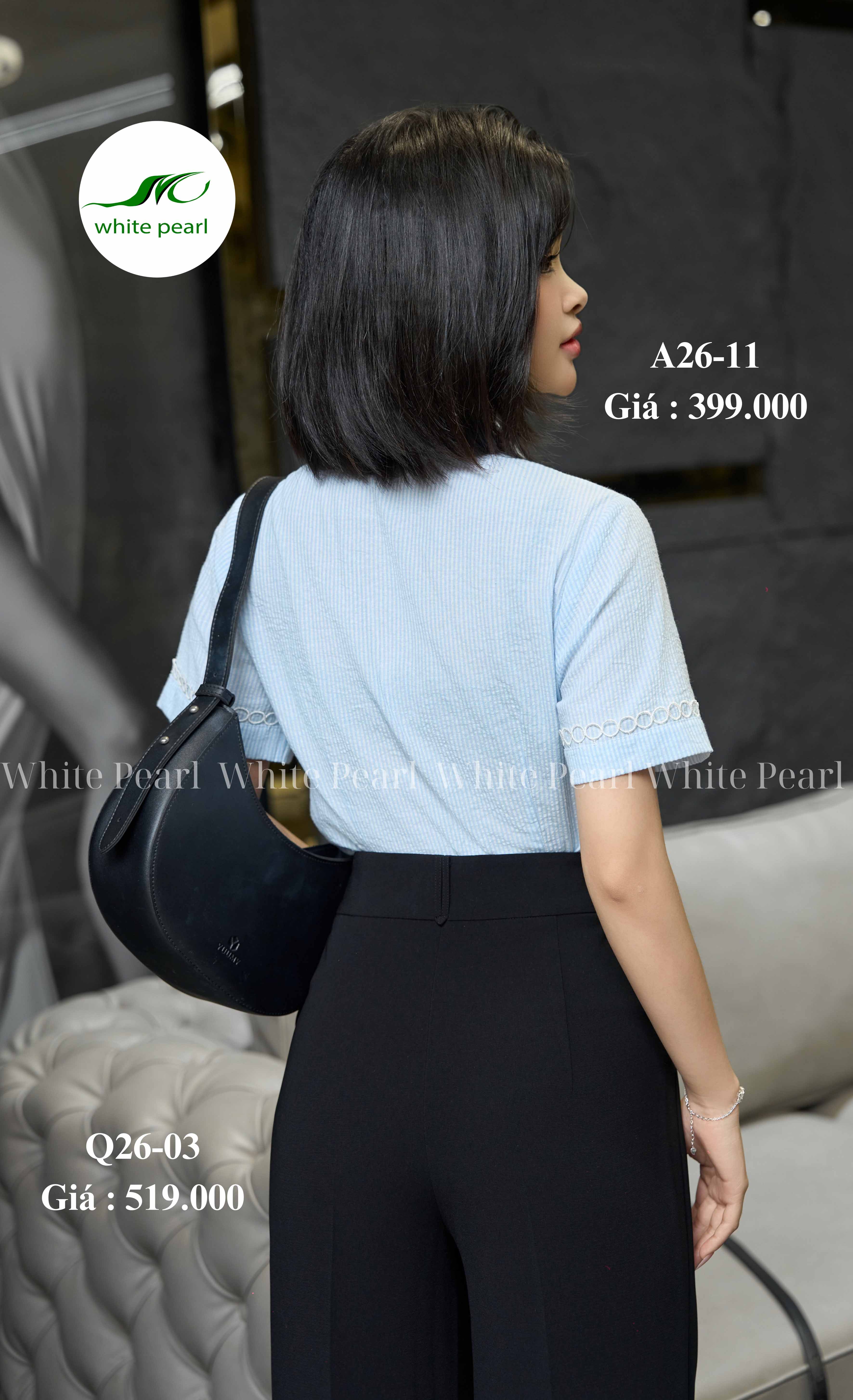  Áo sơ mi cổ đức kẹp ren Kẻ xanh thời trang công sở nữ White Pearl_thumbnail_2