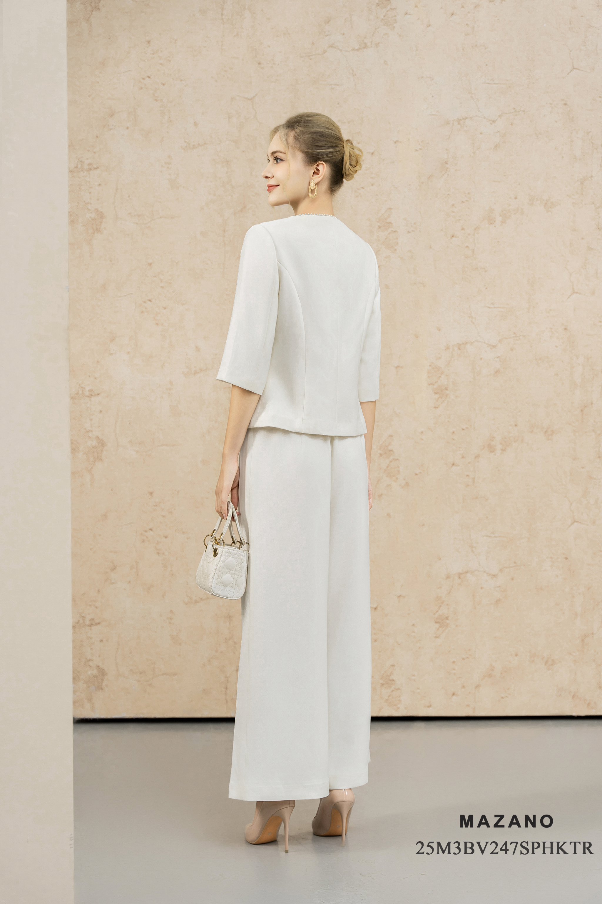 Bộ áo vest quần suông vải thô dày trắng kem không Cổ trang trí ngọc trai Tay lỡ Dài áo qua eo,quần dài đến mắt cá_thumbnail_4