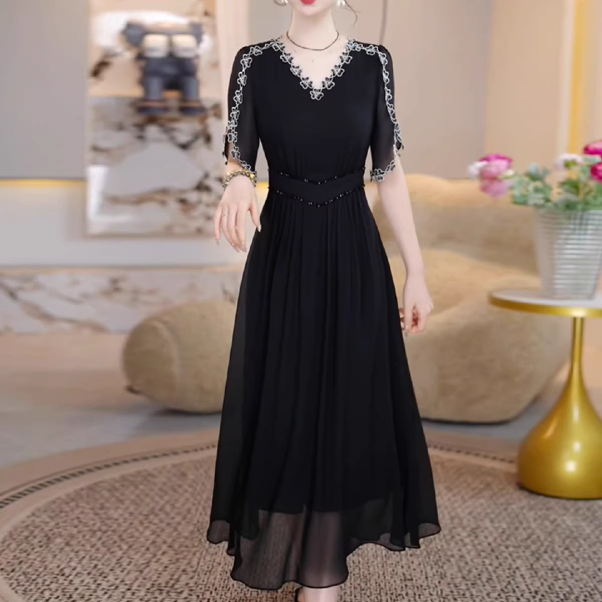 17254- Đầm xòe dự tiệc đen viền hoa cổ (voan, lót lụa)_thumbnail_1