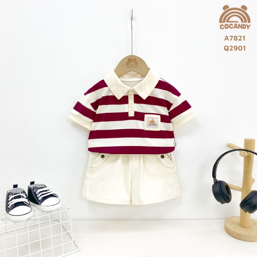 Áo cộc polo kẻ ĐỎ phối ngực tag thêu gấu_thumbnail_5