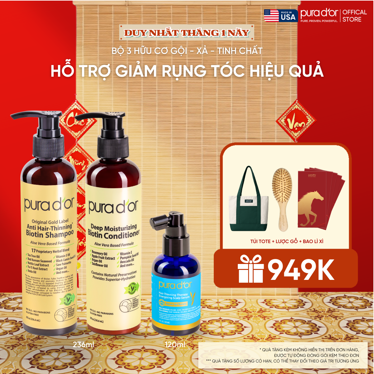 Combo 3 Bước Dầu Gội, Dầu Xả, Giảm Rụng Tóc Organic Pura D'or Biotin Gold Label 236ML | Chăm Sóc Tóc, Chăm Sóc Da Đầu, Dưỡng Tóc, Hỗ Trợ Mọc Tóc - Mega Livestream - Combo 3 bước 236ml