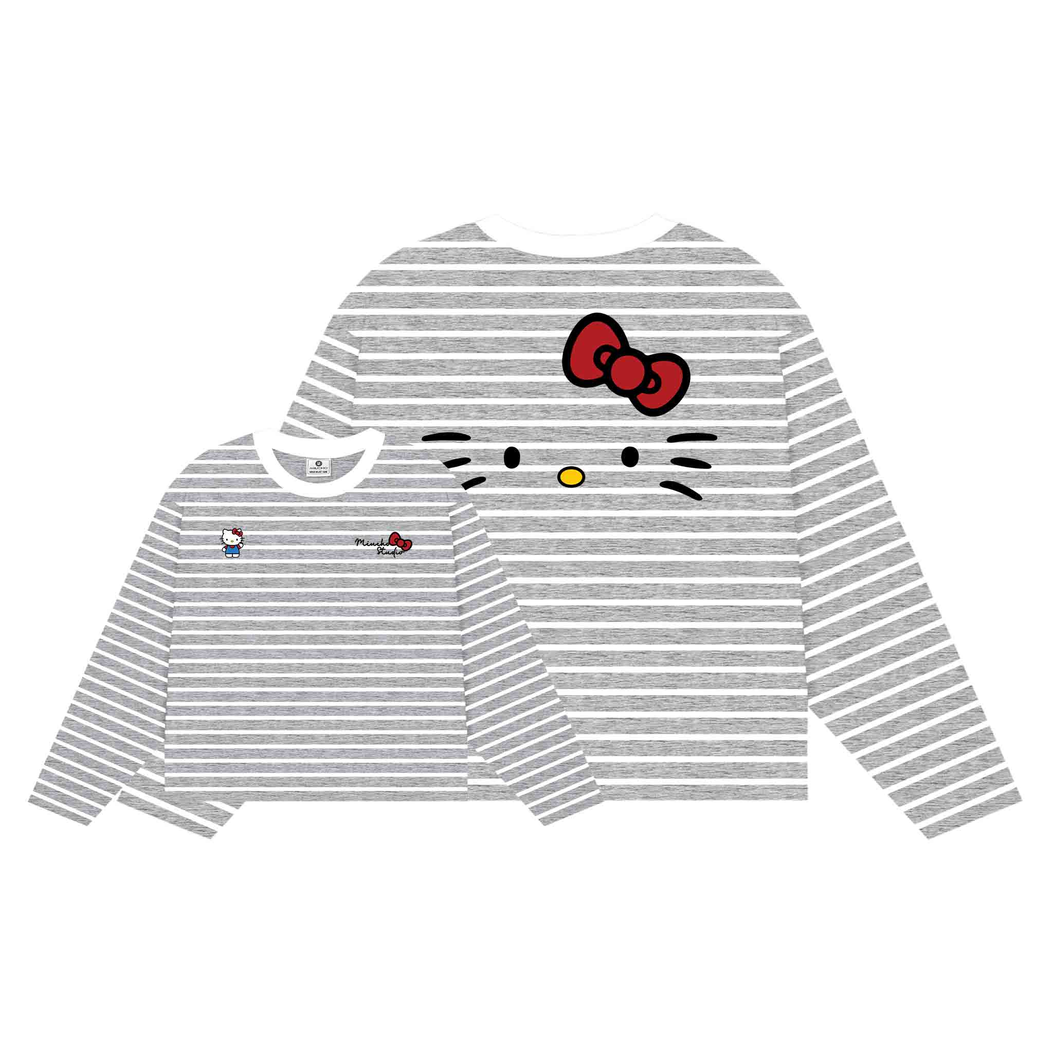 Áo thun boxy tay dài Miucho vải rib thoáng mát mềm mại co giãn tốt cổ tròn kẻ sọc kitty in mix 2691