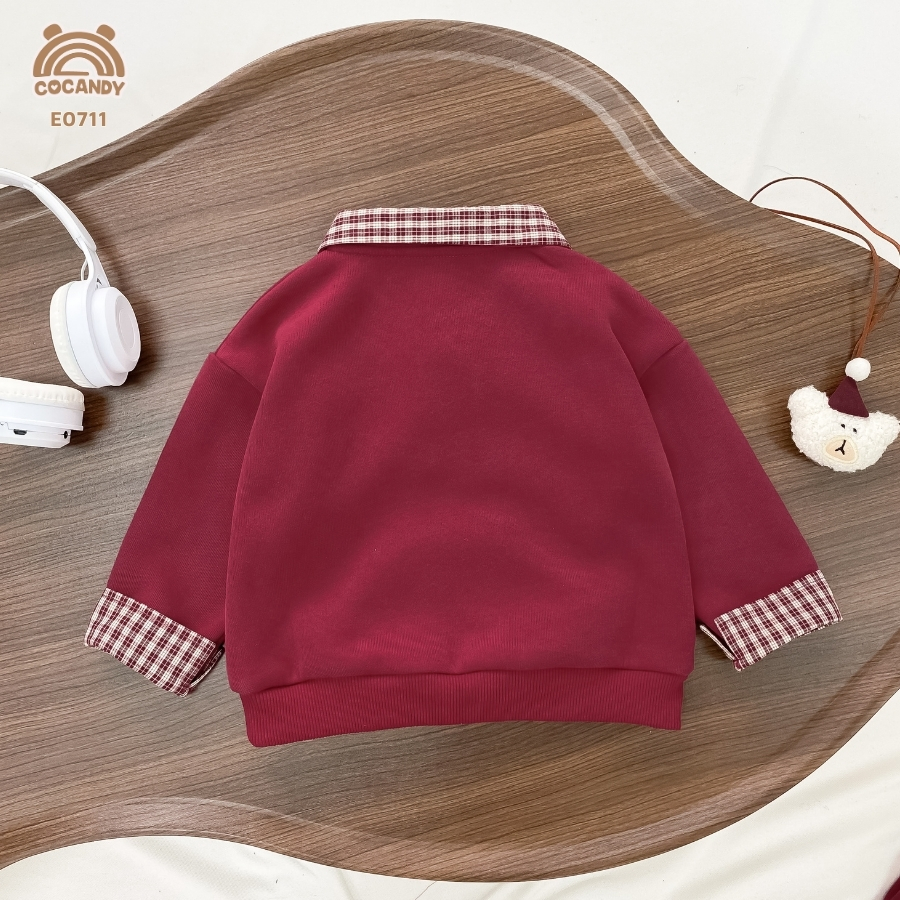 Áo dài nỉ ĐỎ phối cổ caro nâu_thumbnail_3