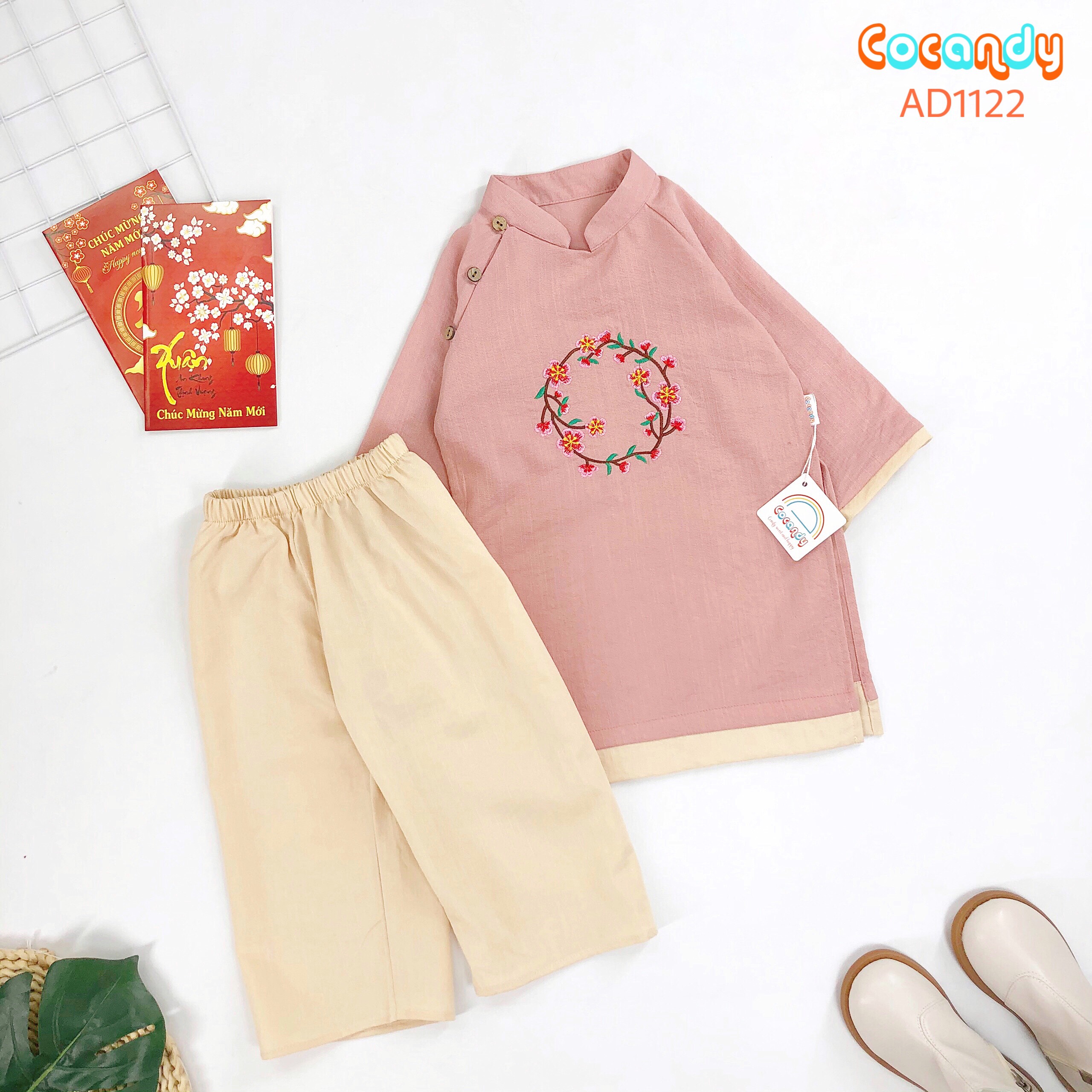 Set áo dài HỒNG thêu hoa đào_thumbnail_3