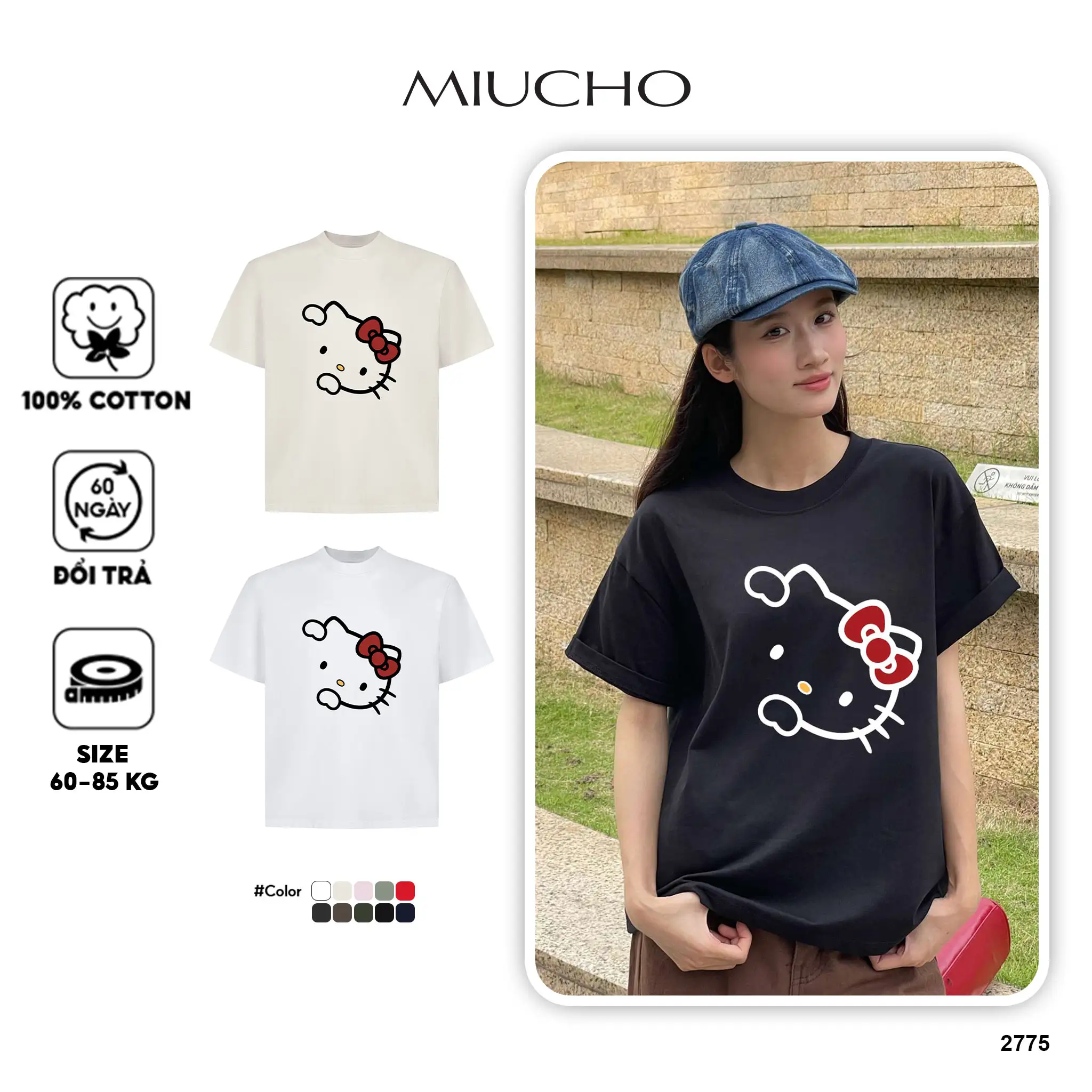 Áo thun nữ form boxy Miucho vải cotton thoáng mát mềm mại nhiều màu Hello Kitty in mix 2775