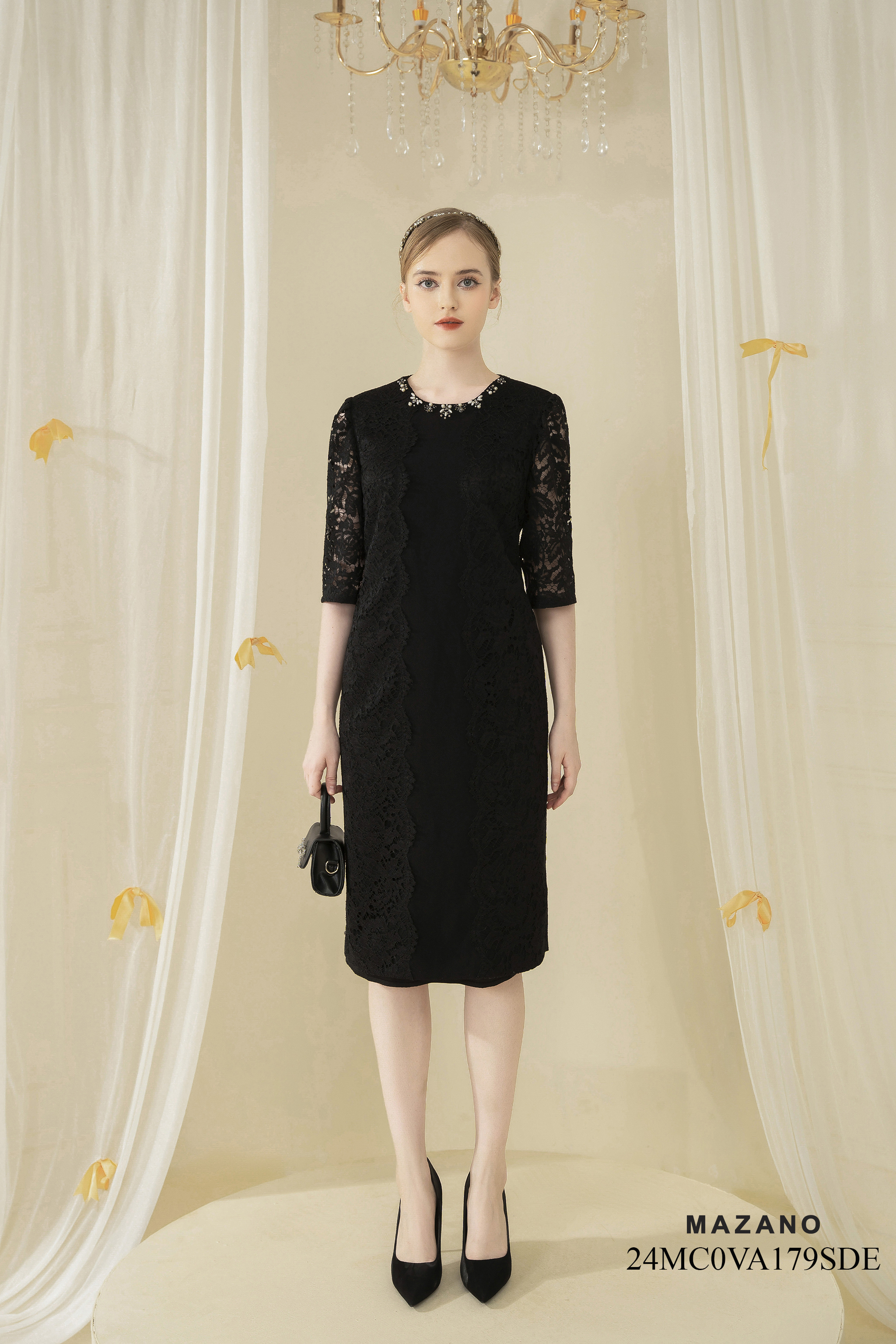 Váy Đầm suông Vải Thô phối Ren trang trí Cổ tròn đính đá Dài tới bắp chân