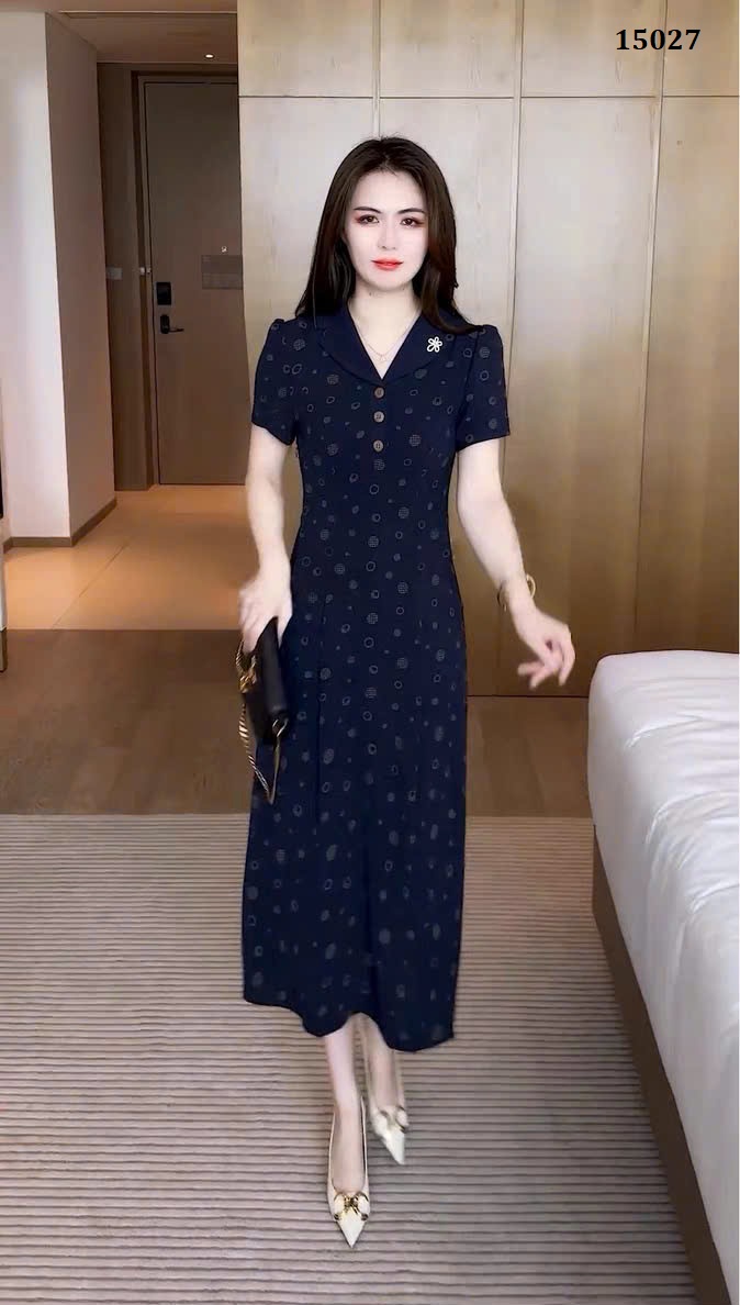 15027-Đầm suông A xanh đen hoạ tiết hình tròn ( lụa mịn)-khóa hông, có túi_thumbnail_0