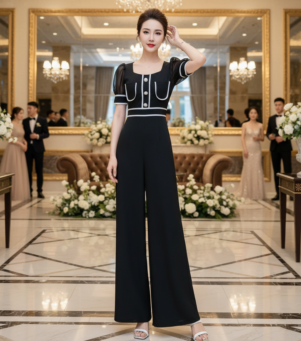 Jumpsuit dài cổ U tay bồng phối viền Phong Cách_thumbnail_5