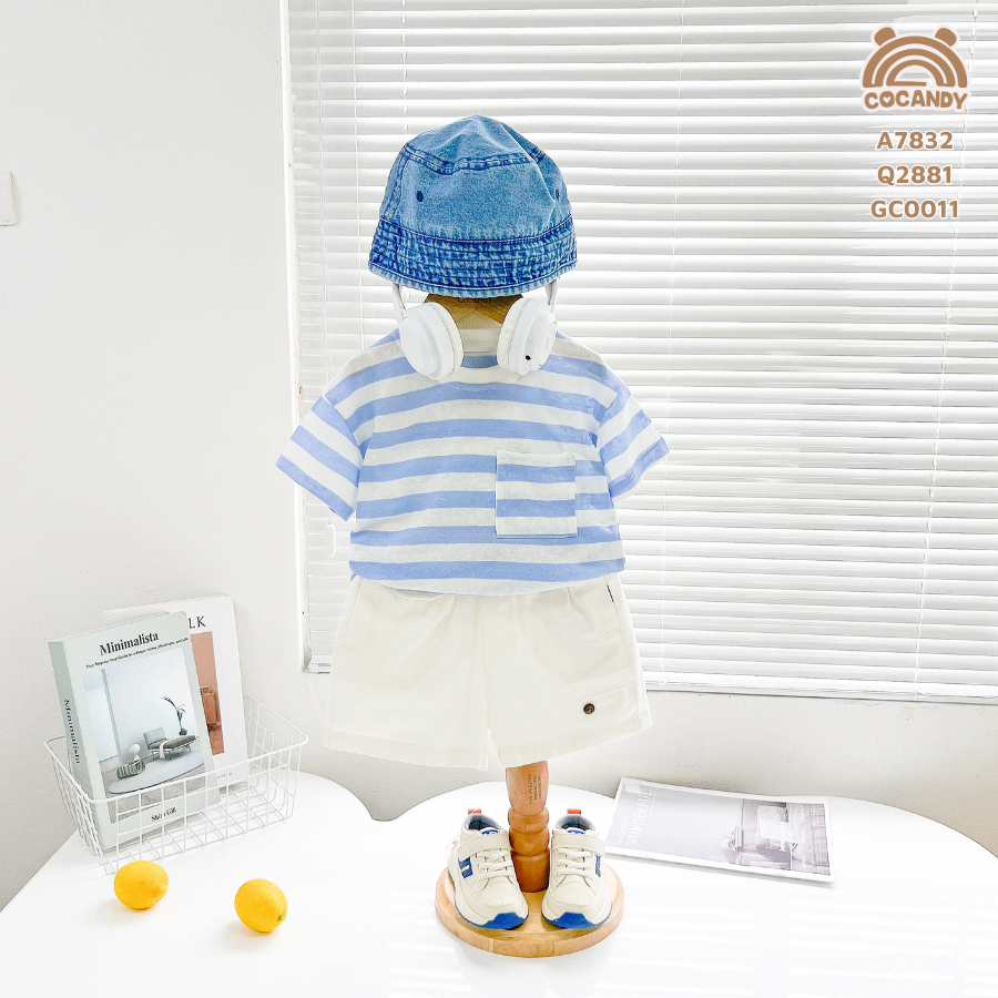 Áo cộc kẻ XANH DA TRỜI phối túi ngực