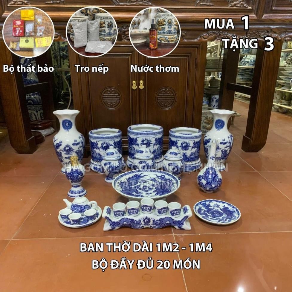 HG340 Đồ Thờ Cúng Bộ 20 món ban thờ 1M2 - 1M4 men lam nghệ nhân Bát Tràng chế tác TẶNG Thất Bảo, Tro Nếp