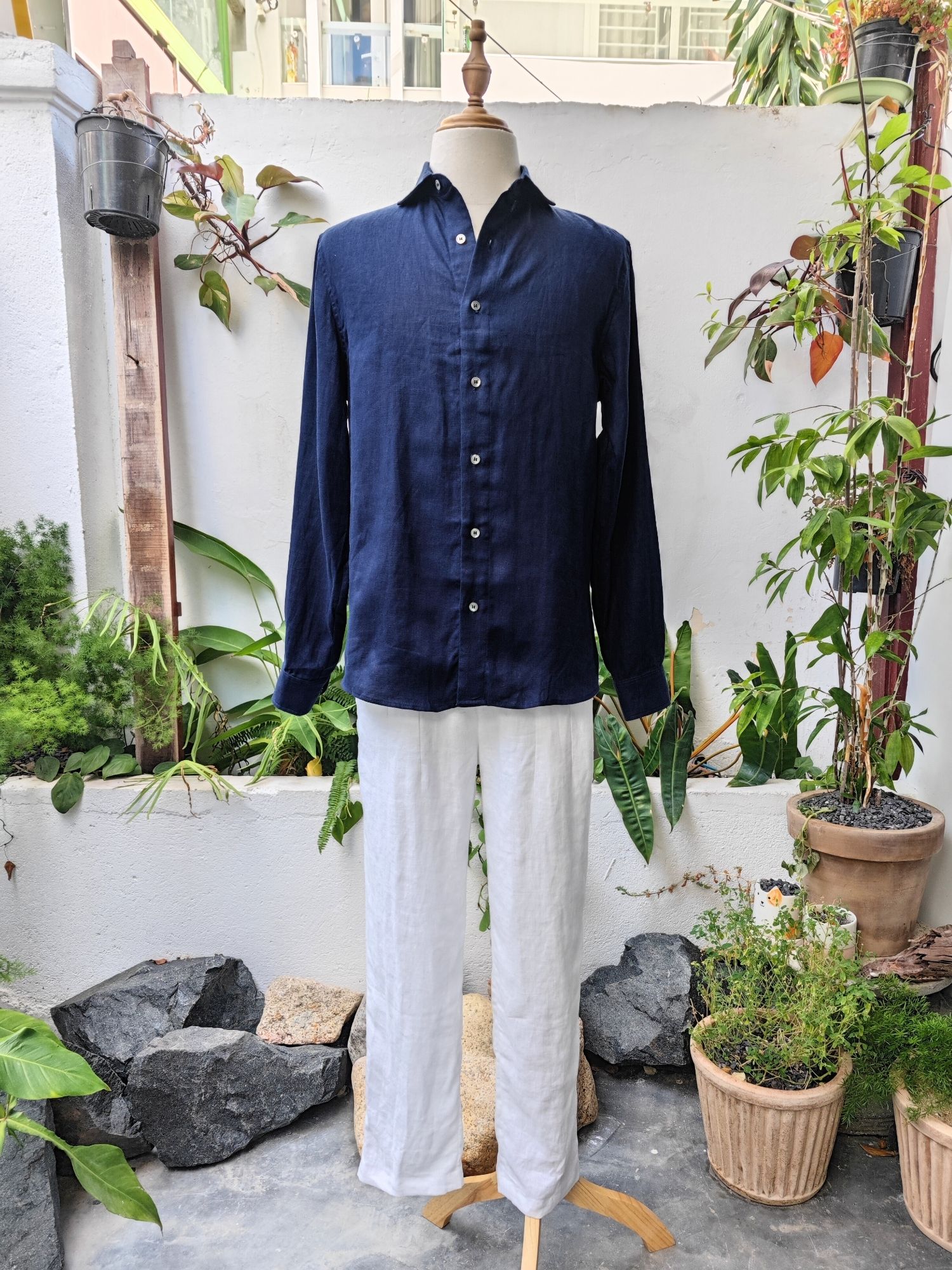 Sơ mi 100% linen tay dài cổ kiểu Ý