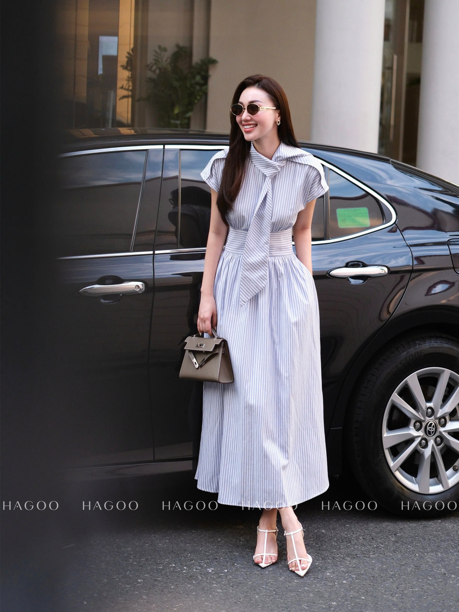 Váy kẻ sọc dây nơ HAGOO_thumbnail_0