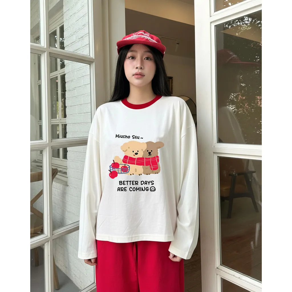 Áo thun boxy nam nữ Miucho vải thoáng mát dày dặn chuẩn form tay dài phối cổ Gấu Teddy in mix 2809_thumbnail_6