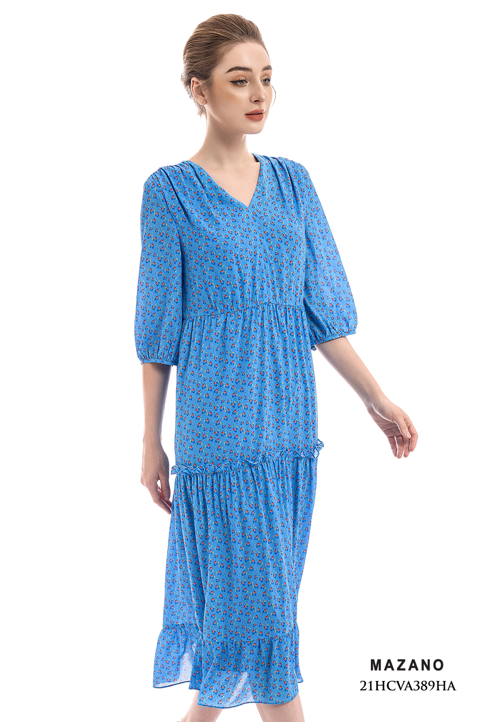 Đầm xanh họa tiết hoa bèo tầng họa tiết cổ V_thumbnail_3