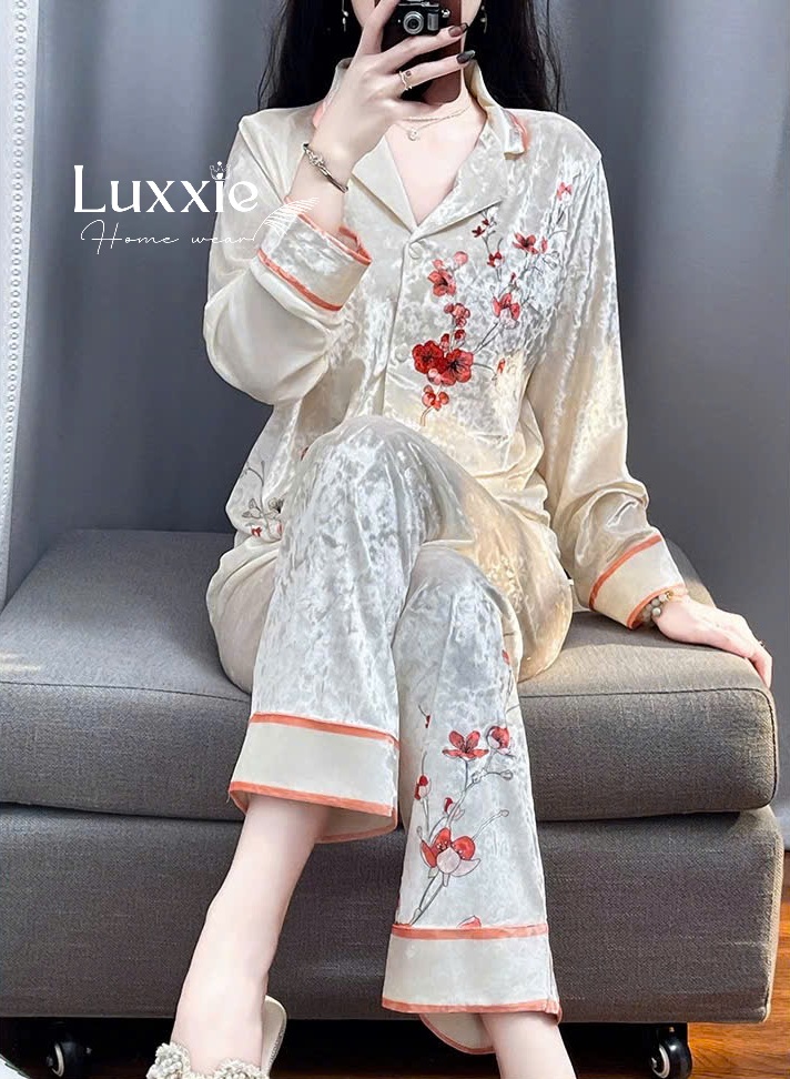 NHUNG20 Pijama vải nhung họa tiết hoa đào đỏ