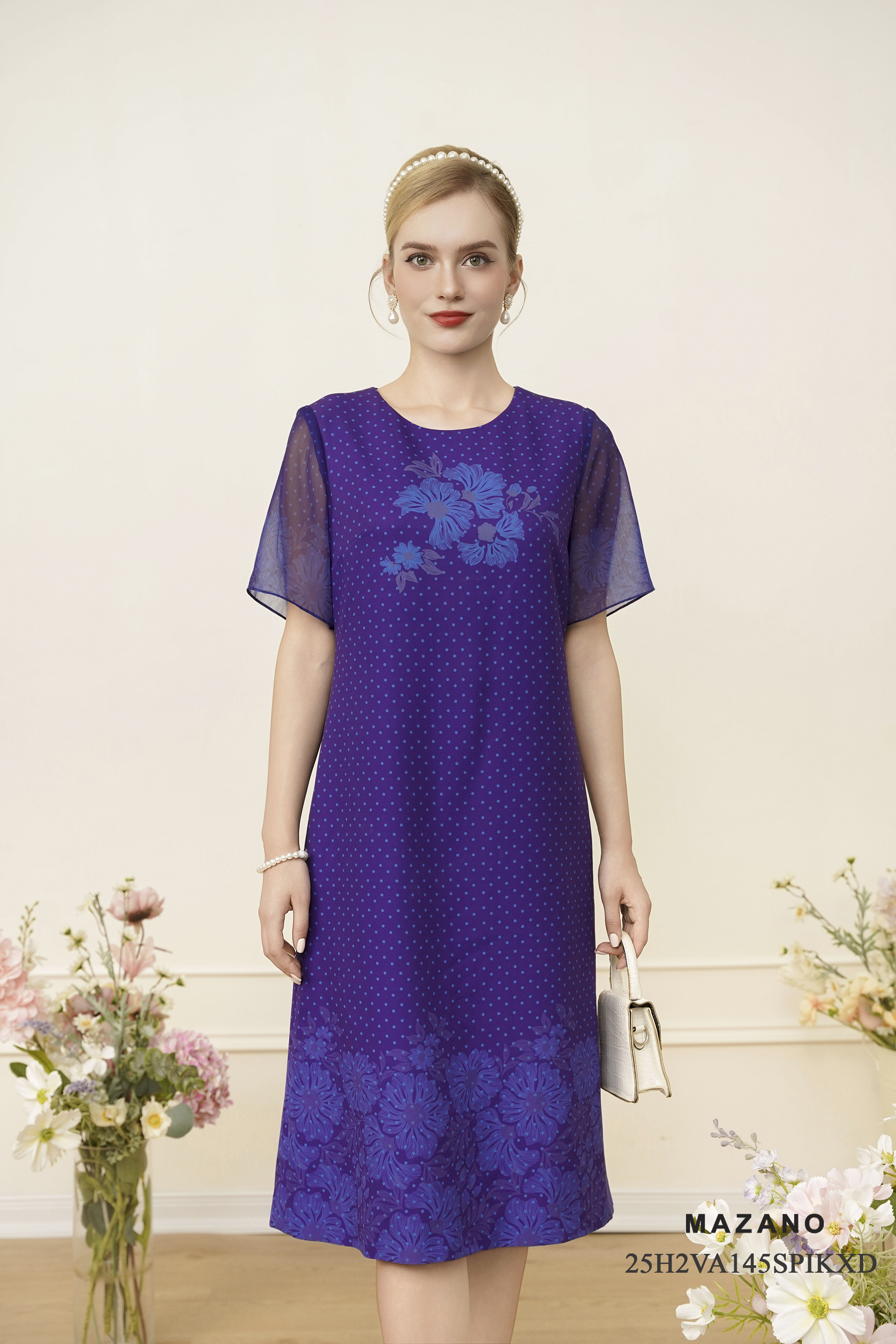 Váy Đầm Suông Vải thô  Hoạ tiết cách điệu cổ tròn Tay ngắn Dài ngang bắp chân