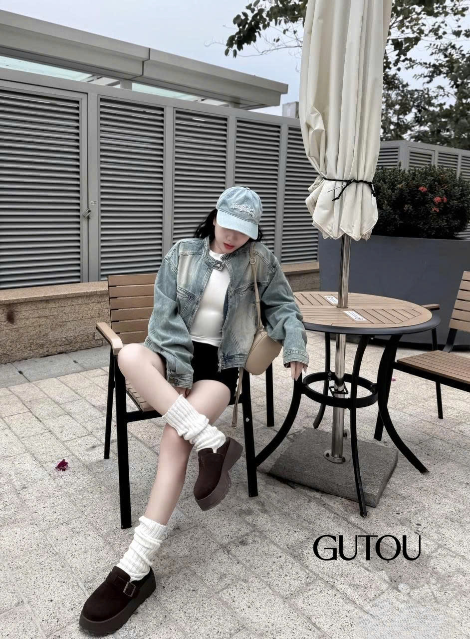 [ GUTOU ] Áo Khoác Denim Cổ Trụ Khóa Kéo Street Style_thumbnail_5