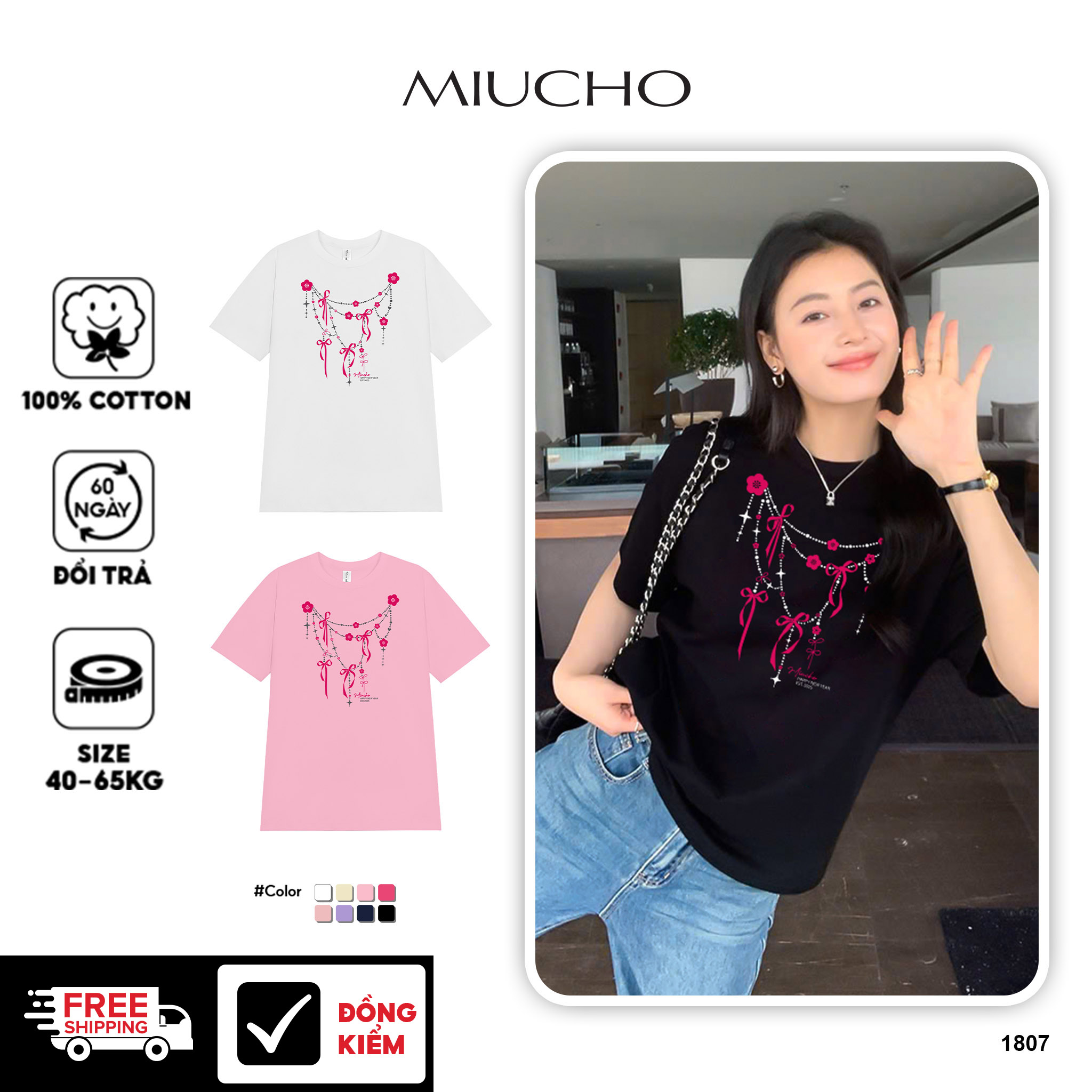 Áo thun nữ tết form vừa regular vải cotton 4c thoáng mát 1807 Miucho in artwork