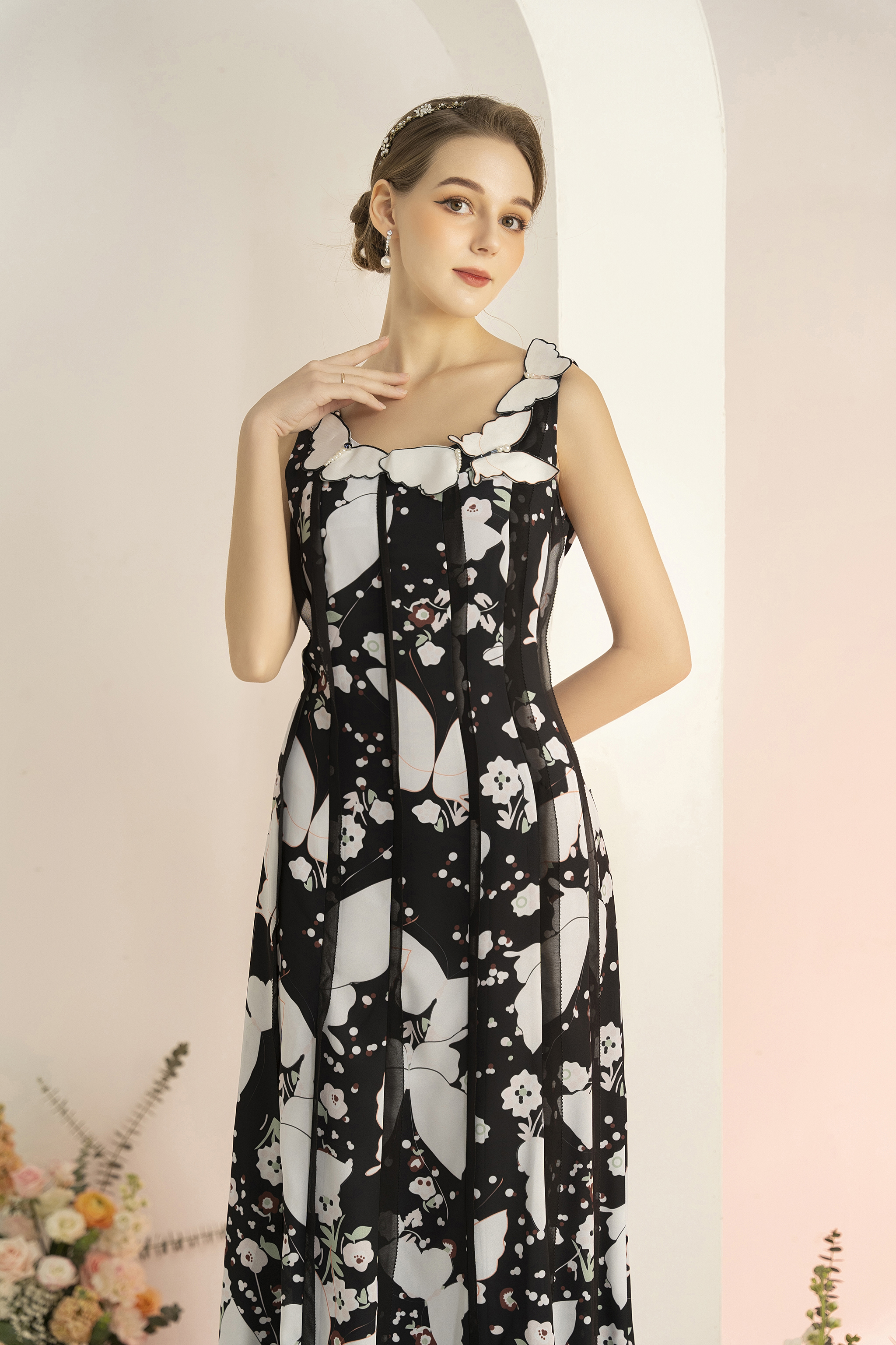 Váy Đầm maxi Vải thô mỏng Họa tiết hoa 2D Thân kẹp bèo Cổ rộng đính trang trí Không tay Dài đến mắt cá chân_thumbnail_2