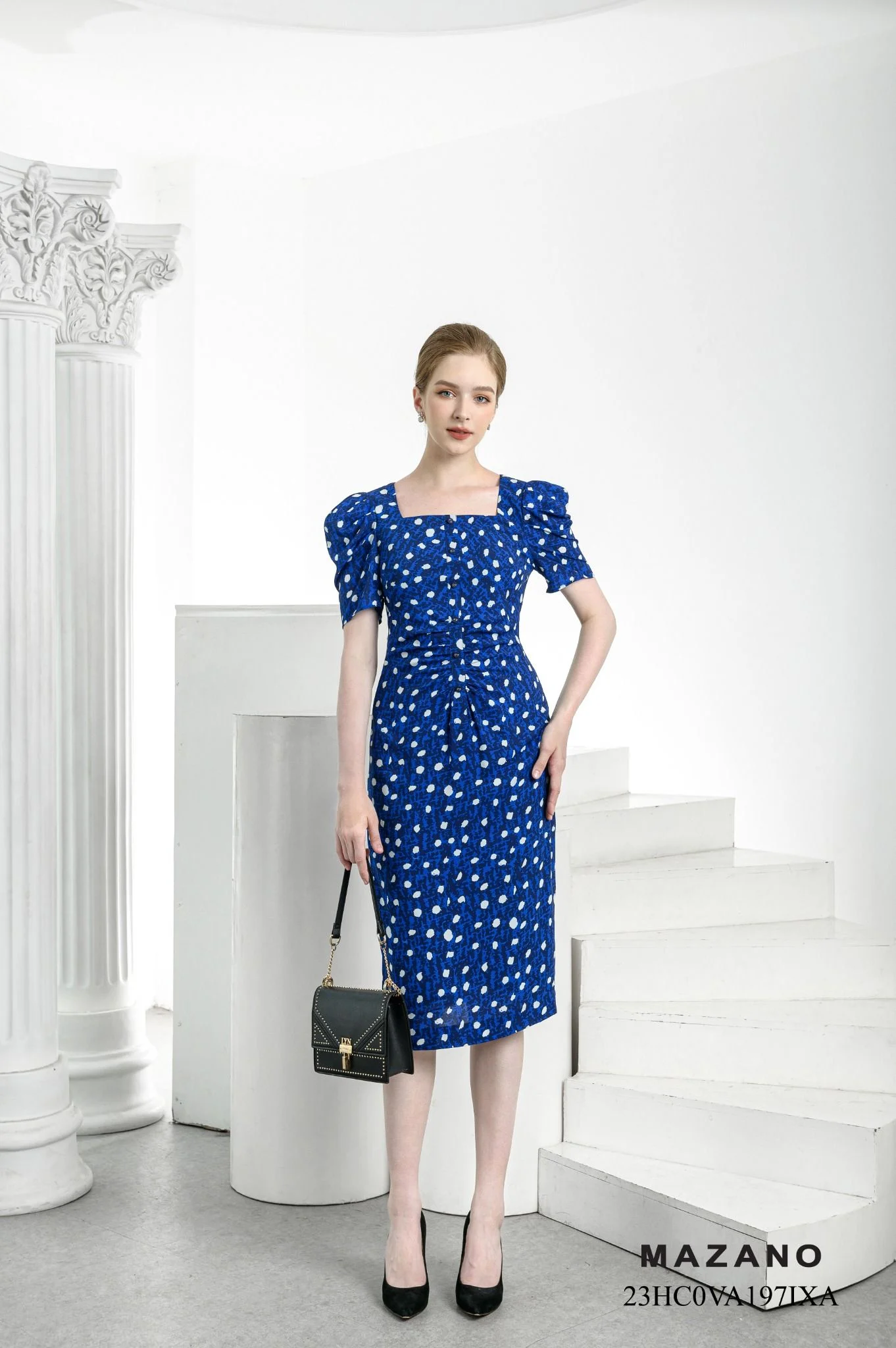 Đầm ôm cổ vuông xanh chấm bi vai bồng_thumbnail_1