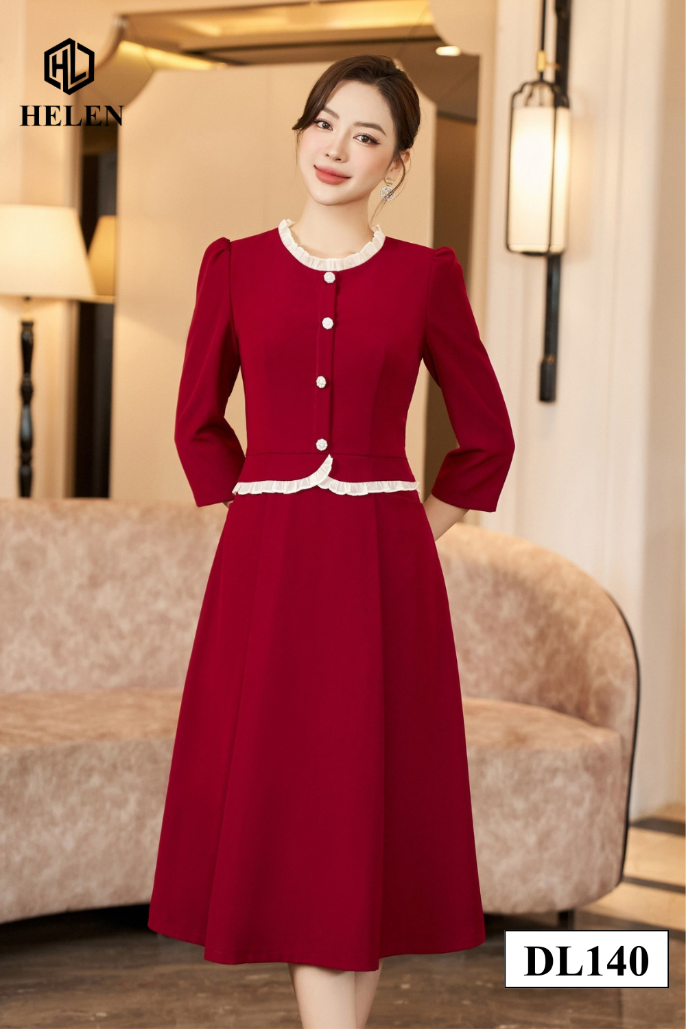 Đầm xòe đỏ peplum cổ nhún trắng đính cúc ngực DL140