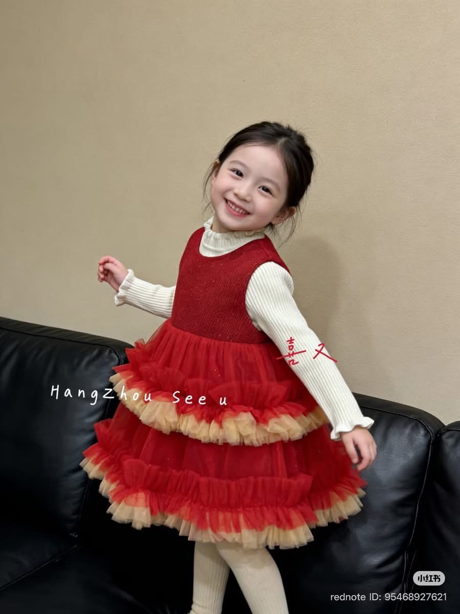 (V111) Váy dạ đỏ voan tầng đỏ pha vàng (kèm nơ dạ)