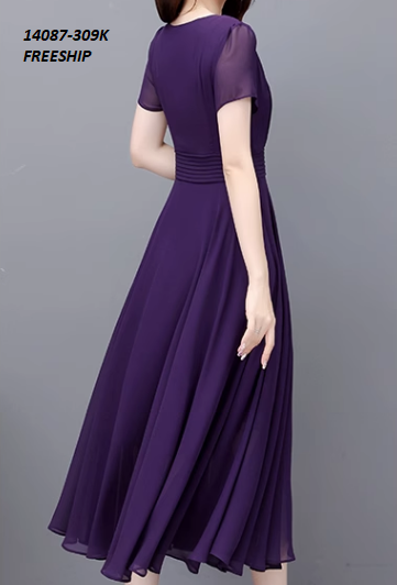 14087-Đầm xòe tay ngắn cổ V eo gấp nhún cách điệu ( voan, lót thun)FREESHIP_thumbnail_3