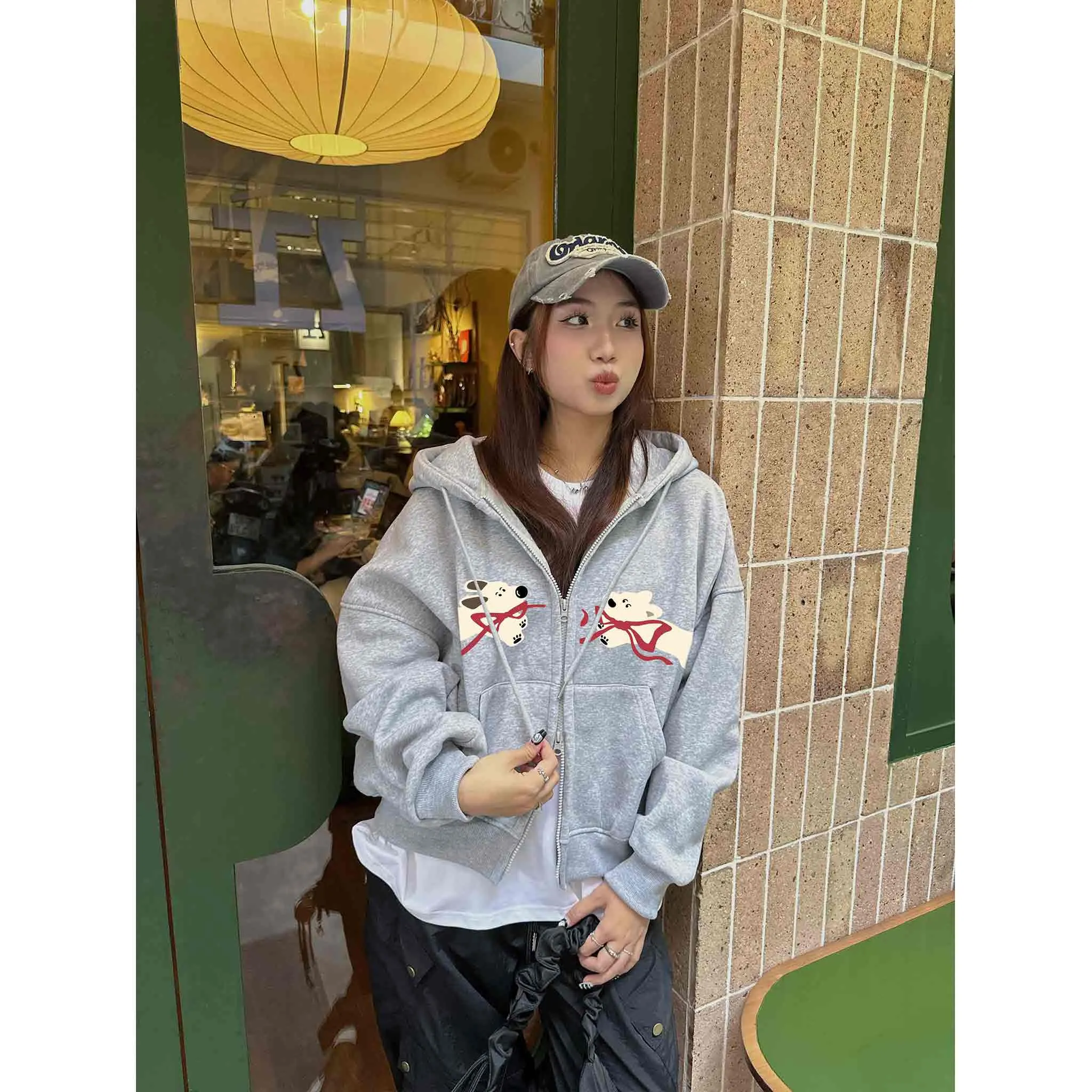 Áo khoác hoodie zip boxy nỉ 2 da 2653 Miucho thoáng mát dày dặn hình cún đáng yêu_thumbnail_4