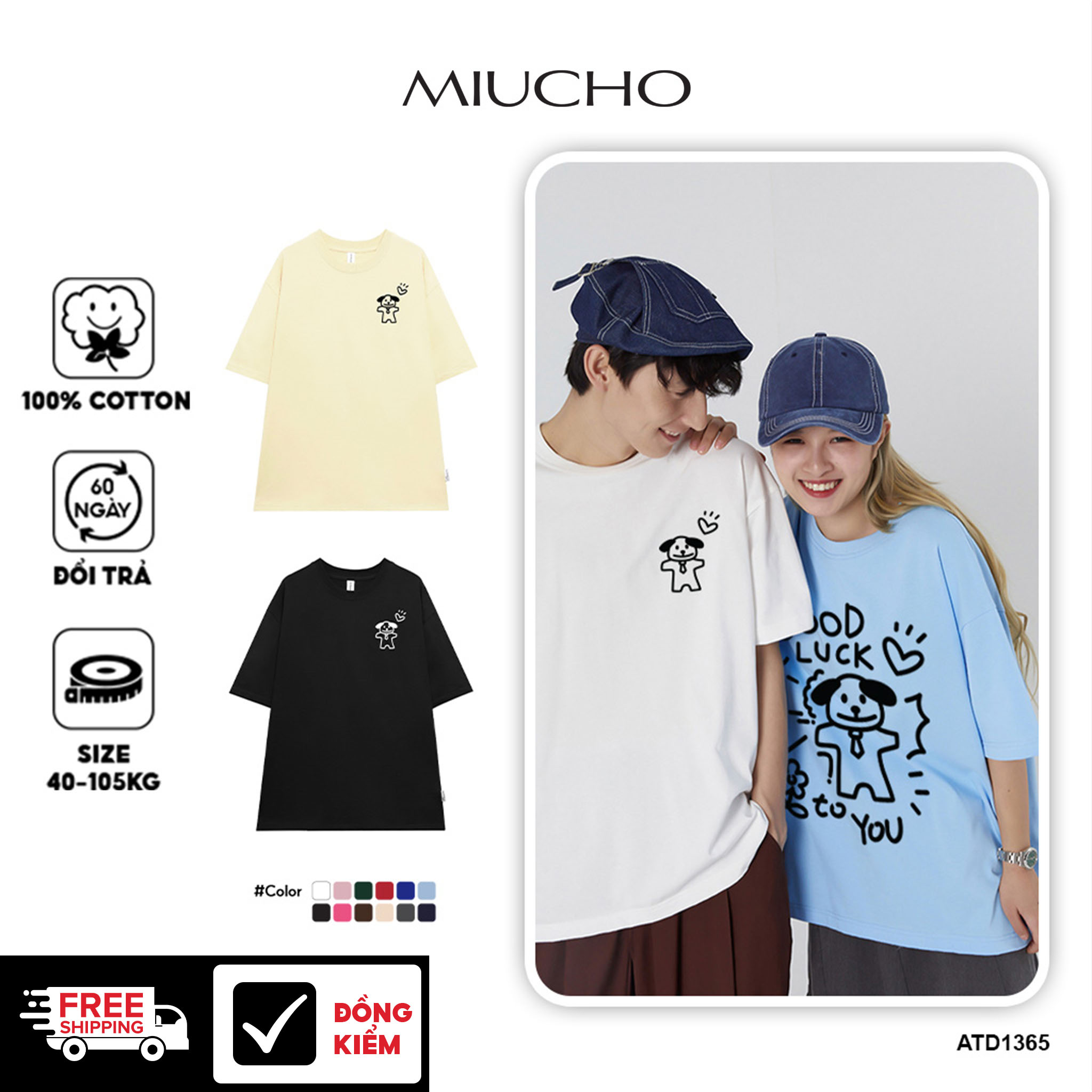 Áo thun cặp đôi couple chú cún đáng yêu from rộng ATD1365 Miucho vải cotton cổ tròn in artwork