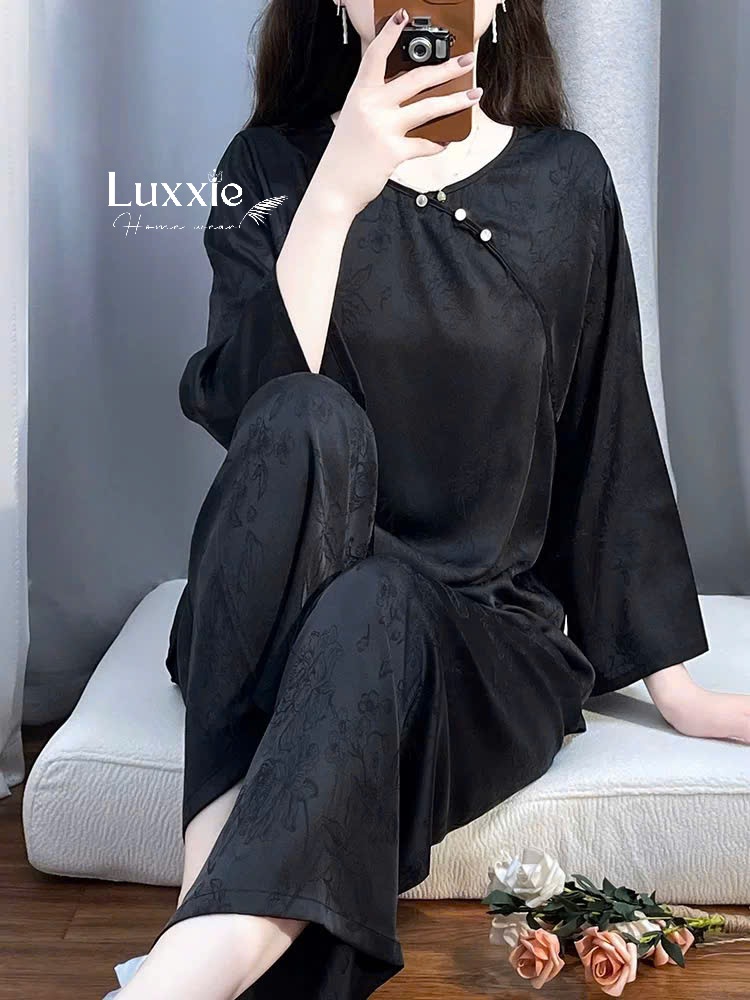 N120 Pijama lụa QCCC màu đen phong cách Trung Hoa