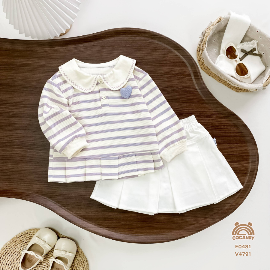 Áo dài TÍM kẻ BE cổ sen phối gấu xếp ly