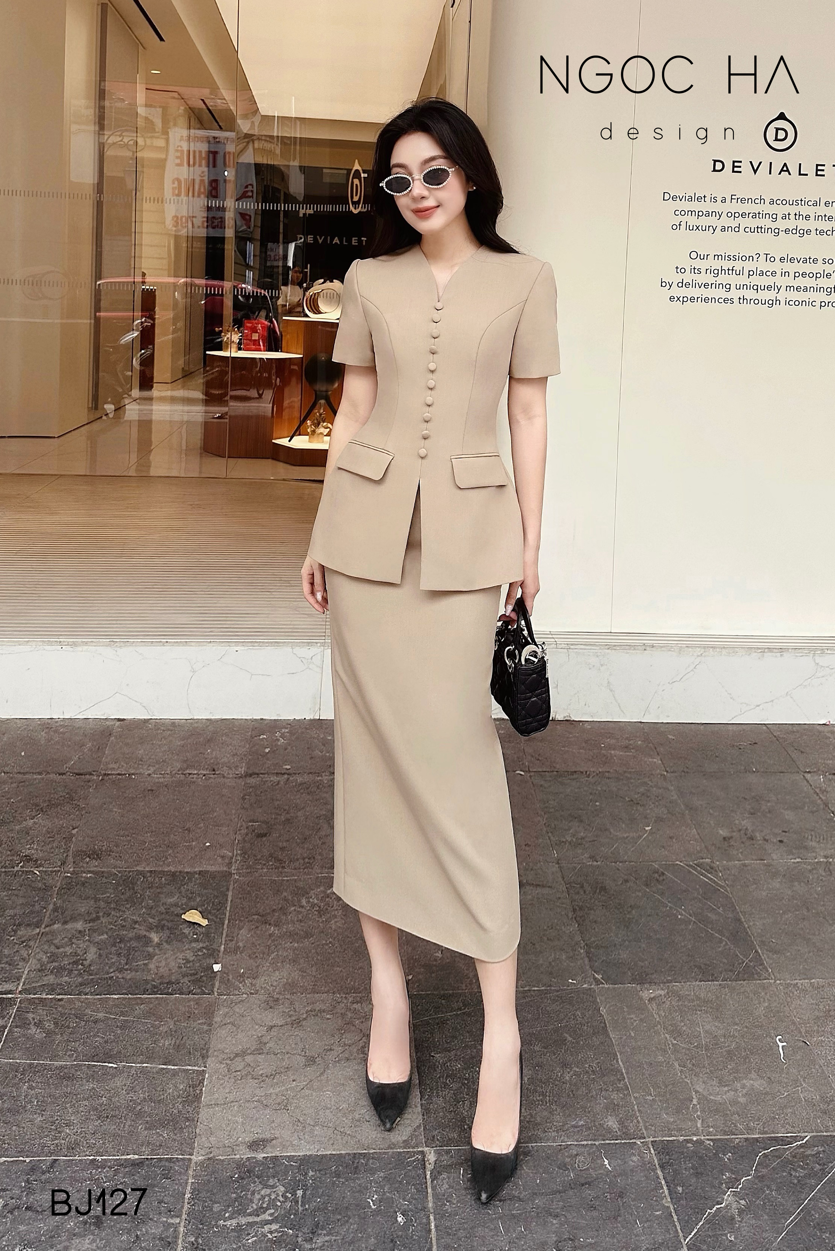 Cateline Set_ Bộ Vest Cổ V Đính Cúc Nhí Chân Váy Bút Chì BJ127