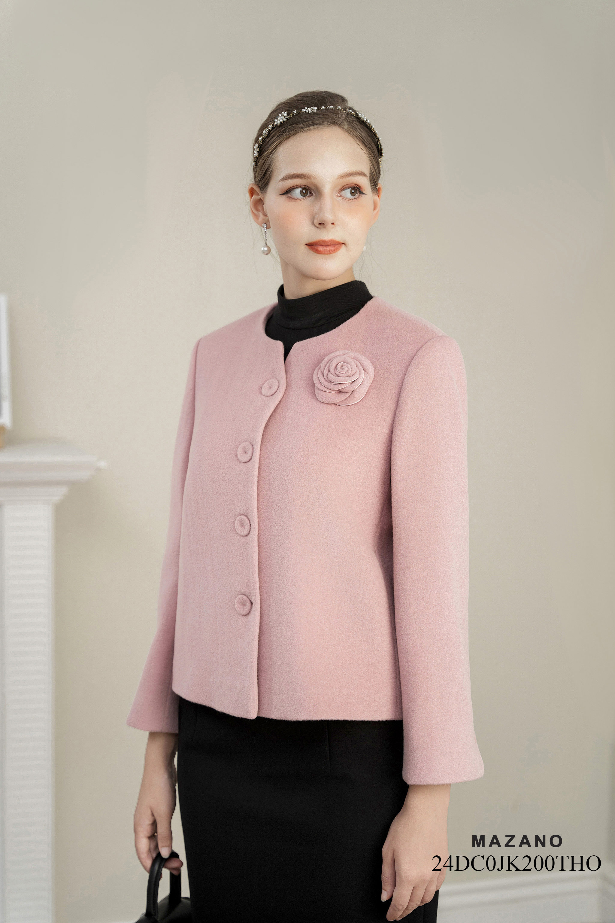 Áo khoác ngắn Vải dạ lông cừu Đính hoa thủ công Cổ tròn Tay dài Dài qua eo_thumbnail_2