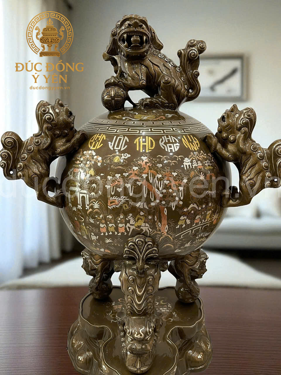 Đỉnh thất lân vờn cầu đúc đồng đỏ khảm tam khí _thumbnail_2