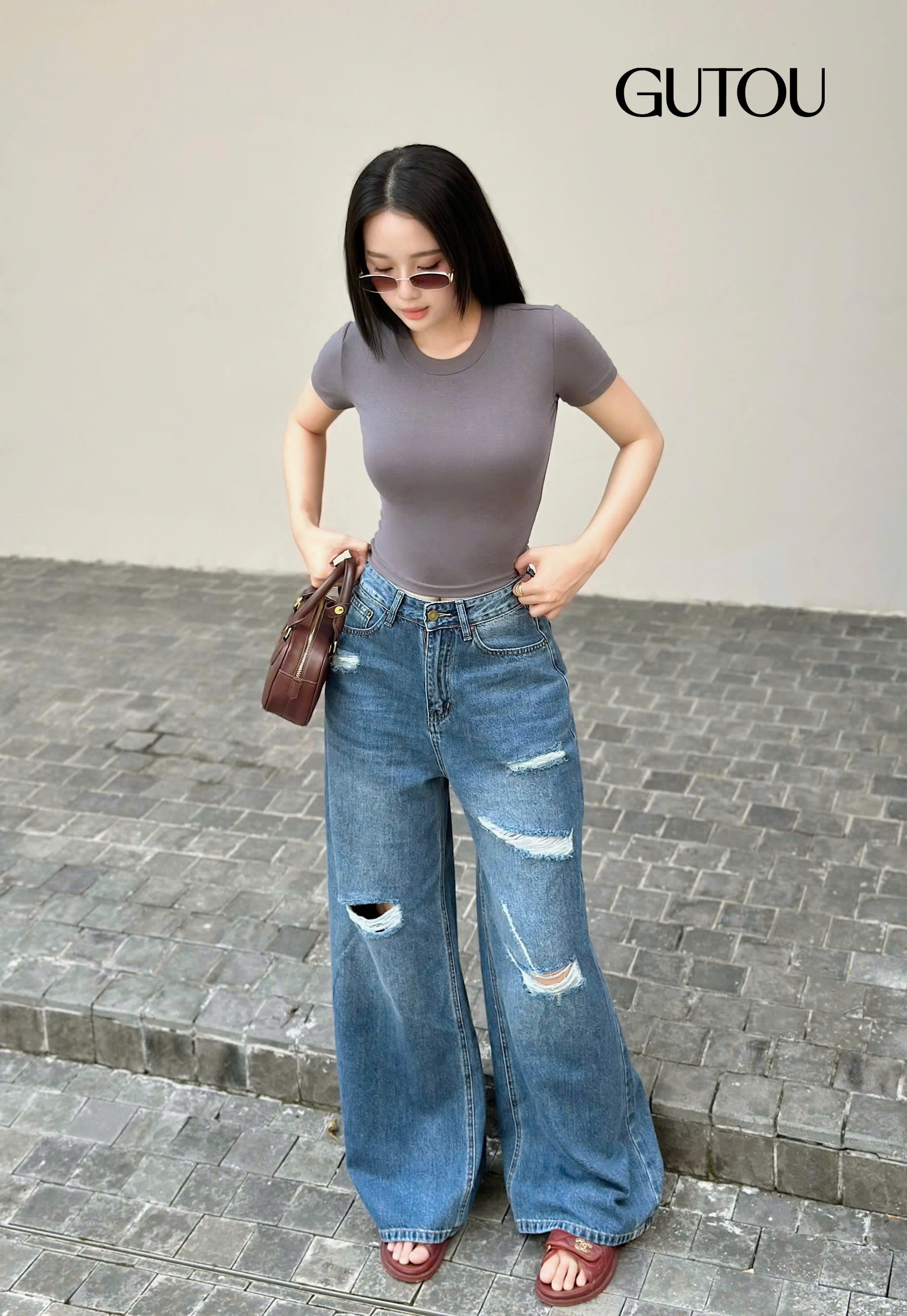 [ GUTOU ] Quần Jean Wash Rách Phong Cách Streetwear