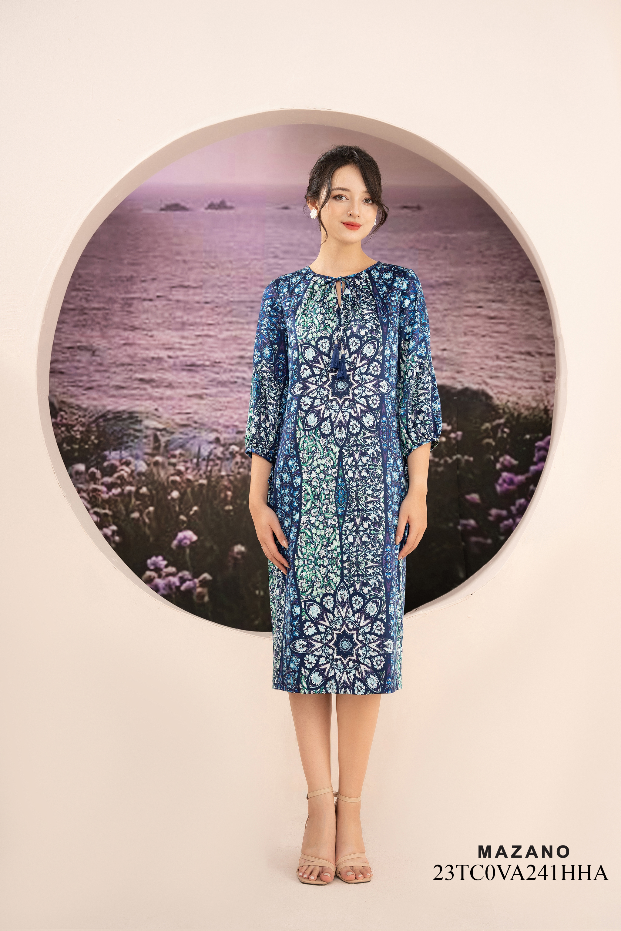 Đầm suông dài xanh thắt dây nơ cổ_thumbnail_2