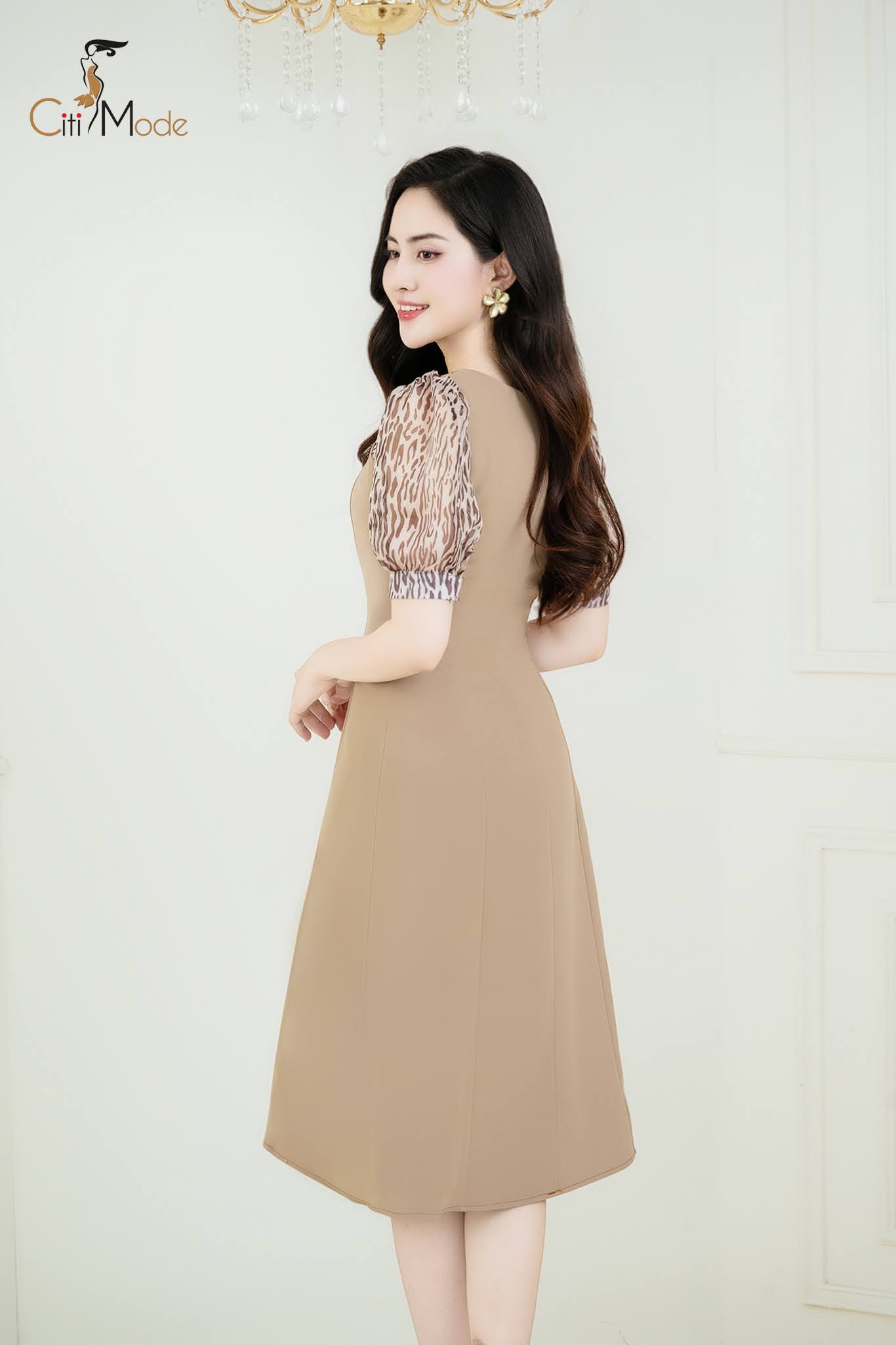 Đầm xoè nâu phối hoạ tiết da báo đính nơ_thumbnail_1