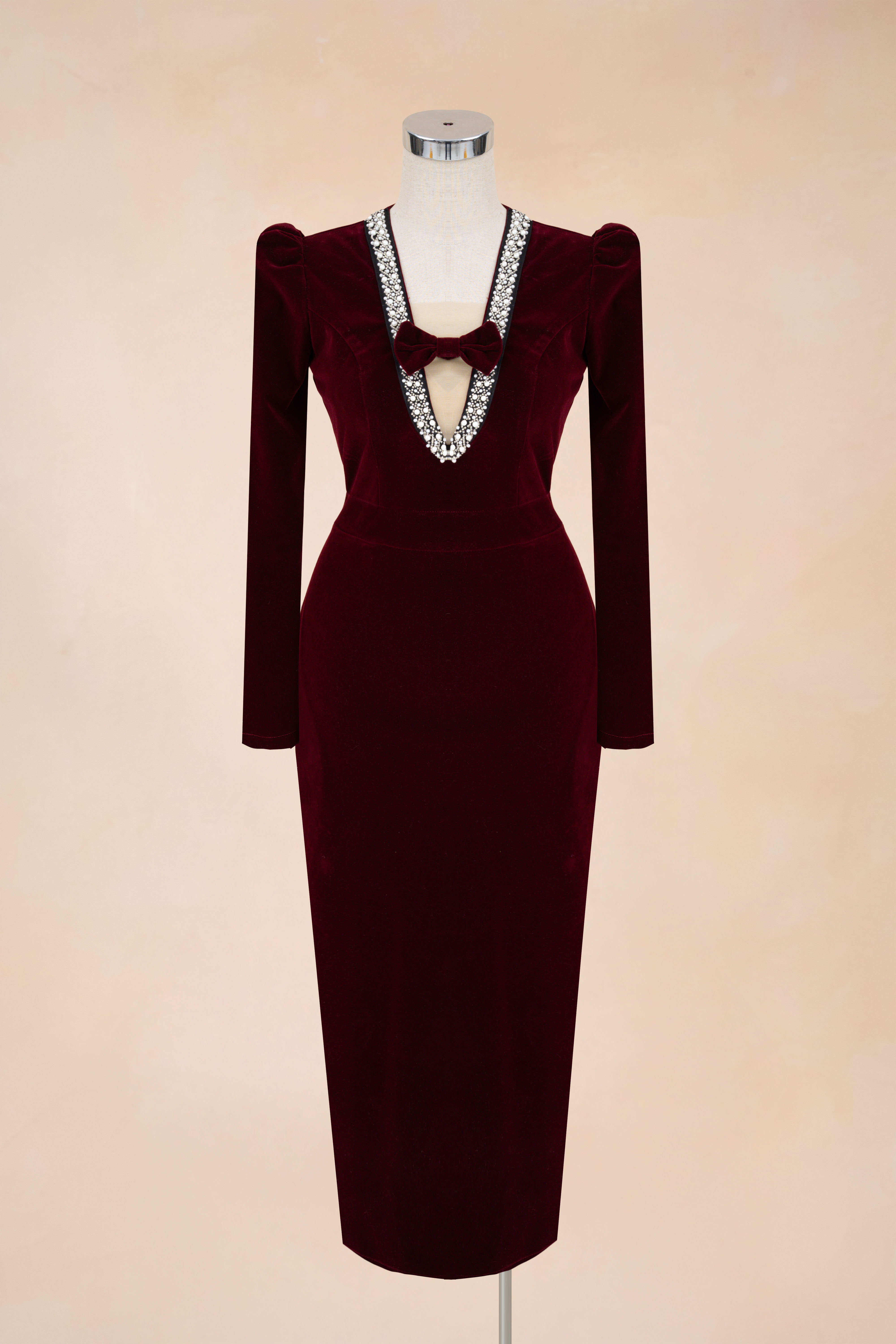 Đầm Bút Chì Nhung Cổ V Có Nơ