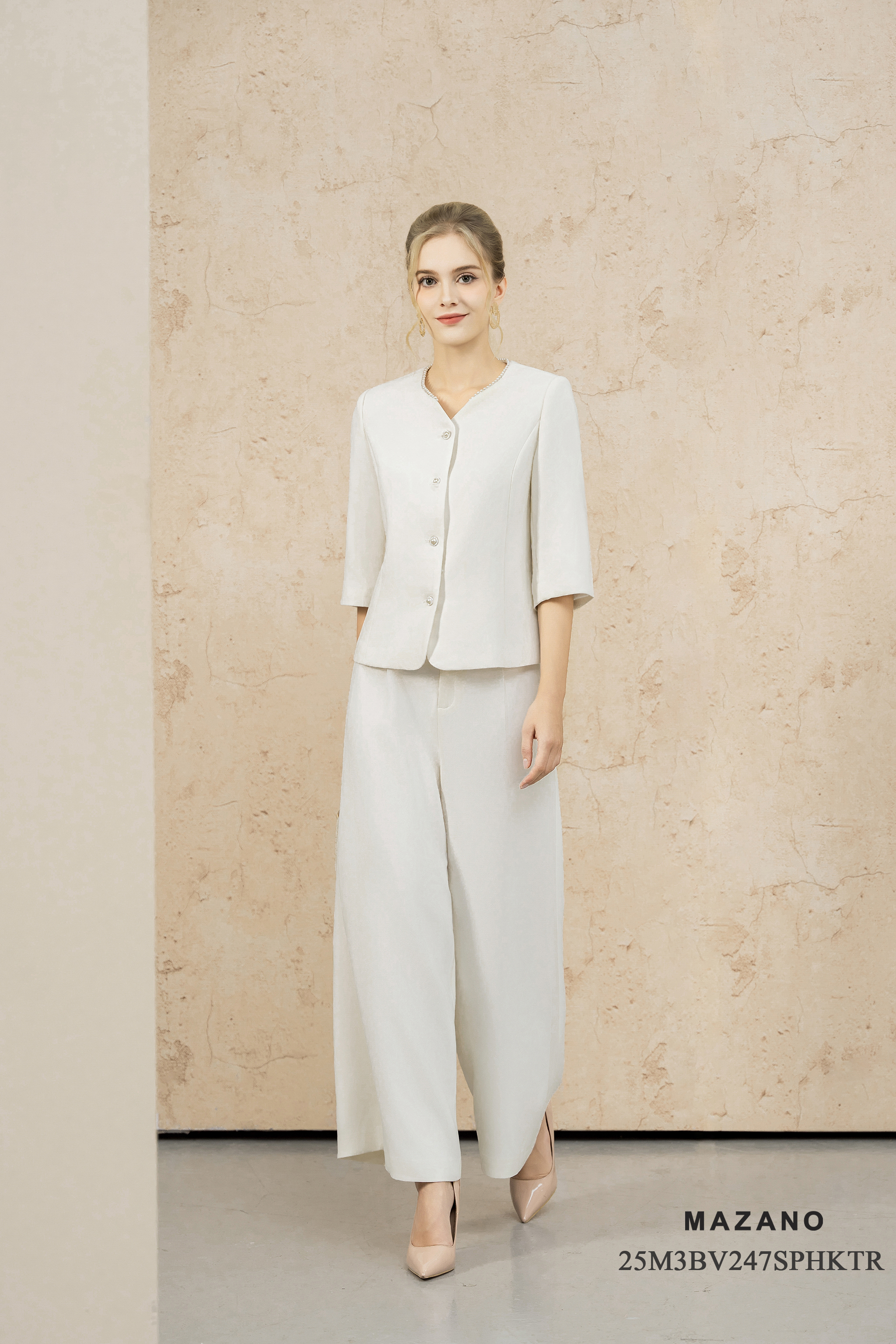 Bộ áo vest quần suông vải thô dày trắng kem không Cổ trang trí ngọc trai Tay lỡ Dài áo qua eo,quần dài đến mắt cá_thumbnail_2