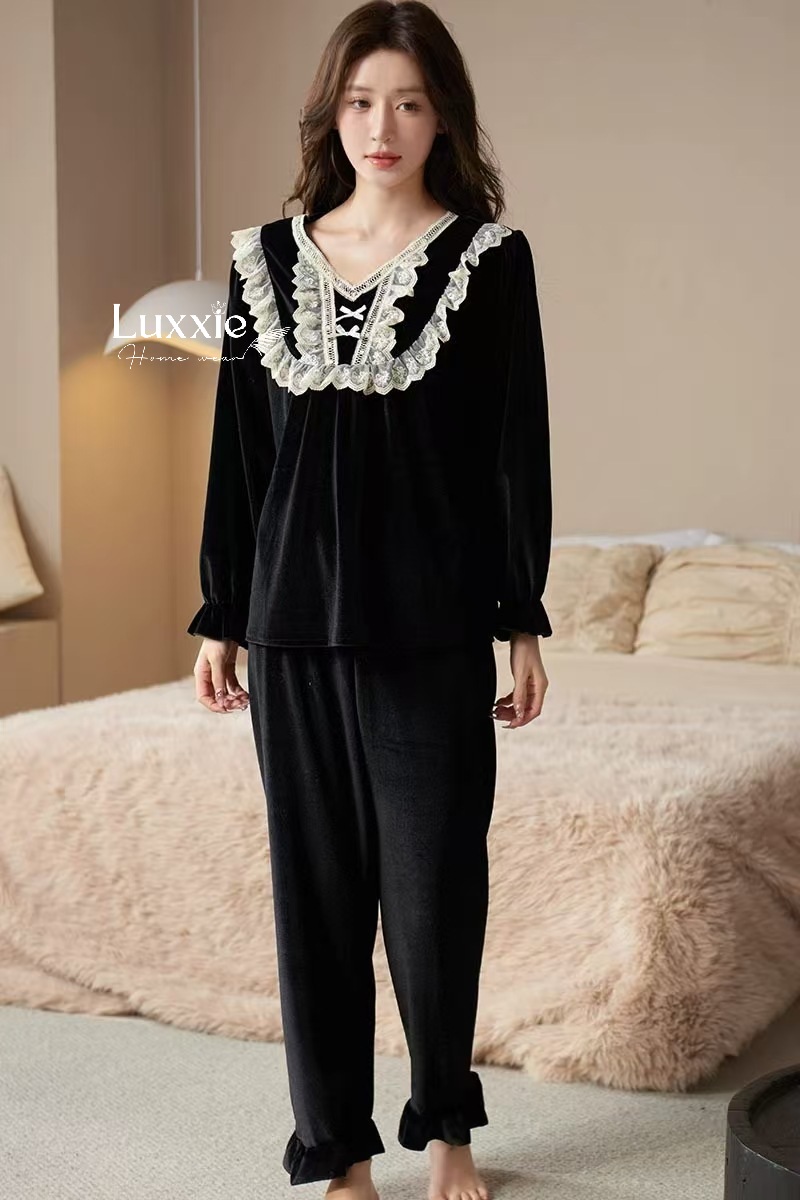 NHUNG34 Bộ ngủ nhung cổ ren trắng đính nơ_thumbnail_4