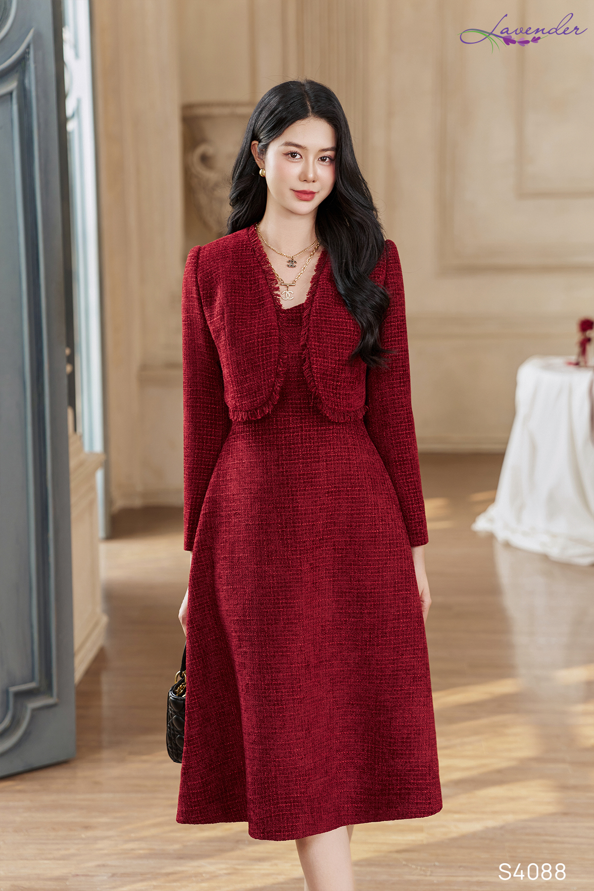 Set dạ tweed đỏ đô S4088