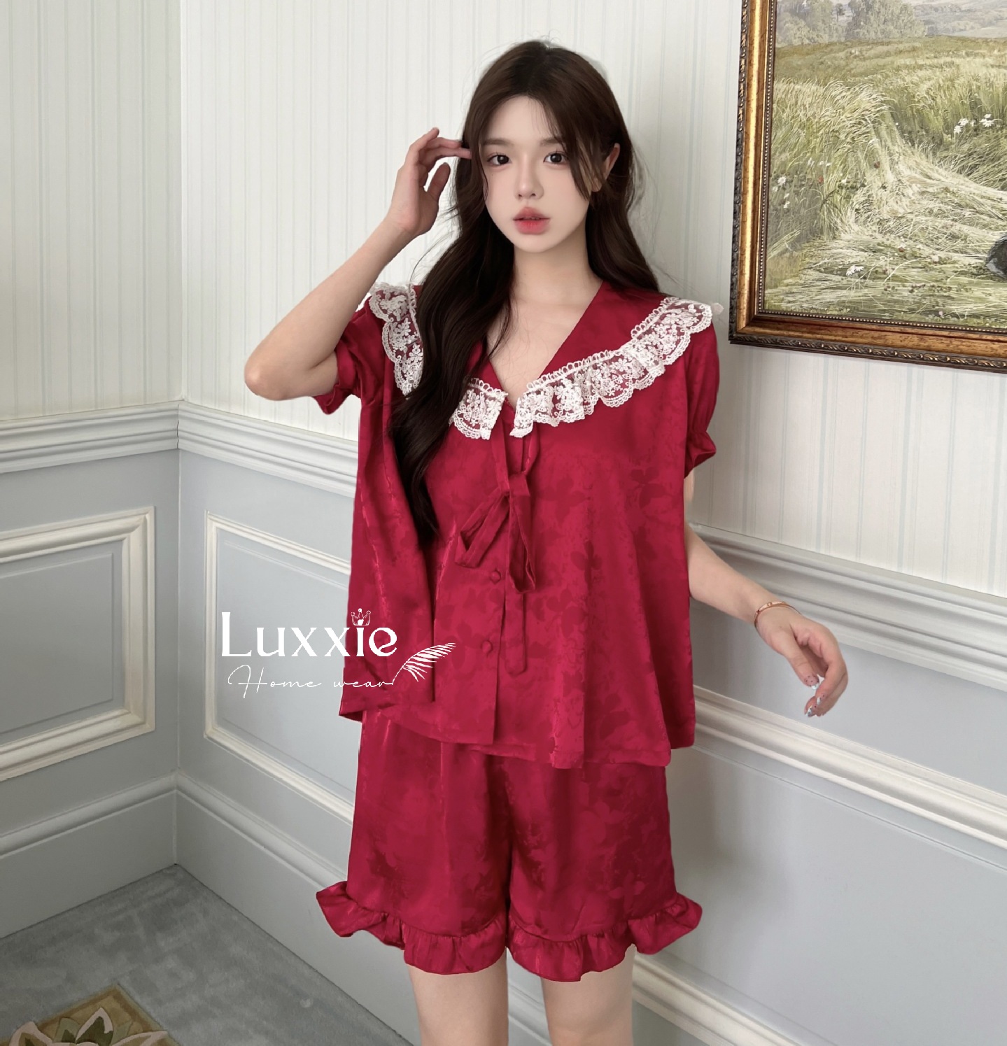 N108C Pijama lụa gấm hoa cổ ren trắng buộc nơ cộc đùi_thumbnail_19