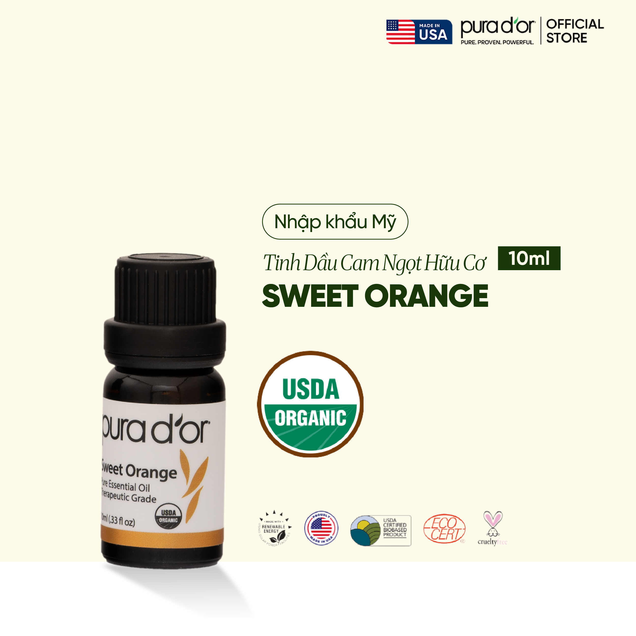 Quà tặng] Tinh Dầu Cam Ngọt Hữu Cơ PURA D’OR Therapeutic Grade Sweet Orange Essential Oil 10ml