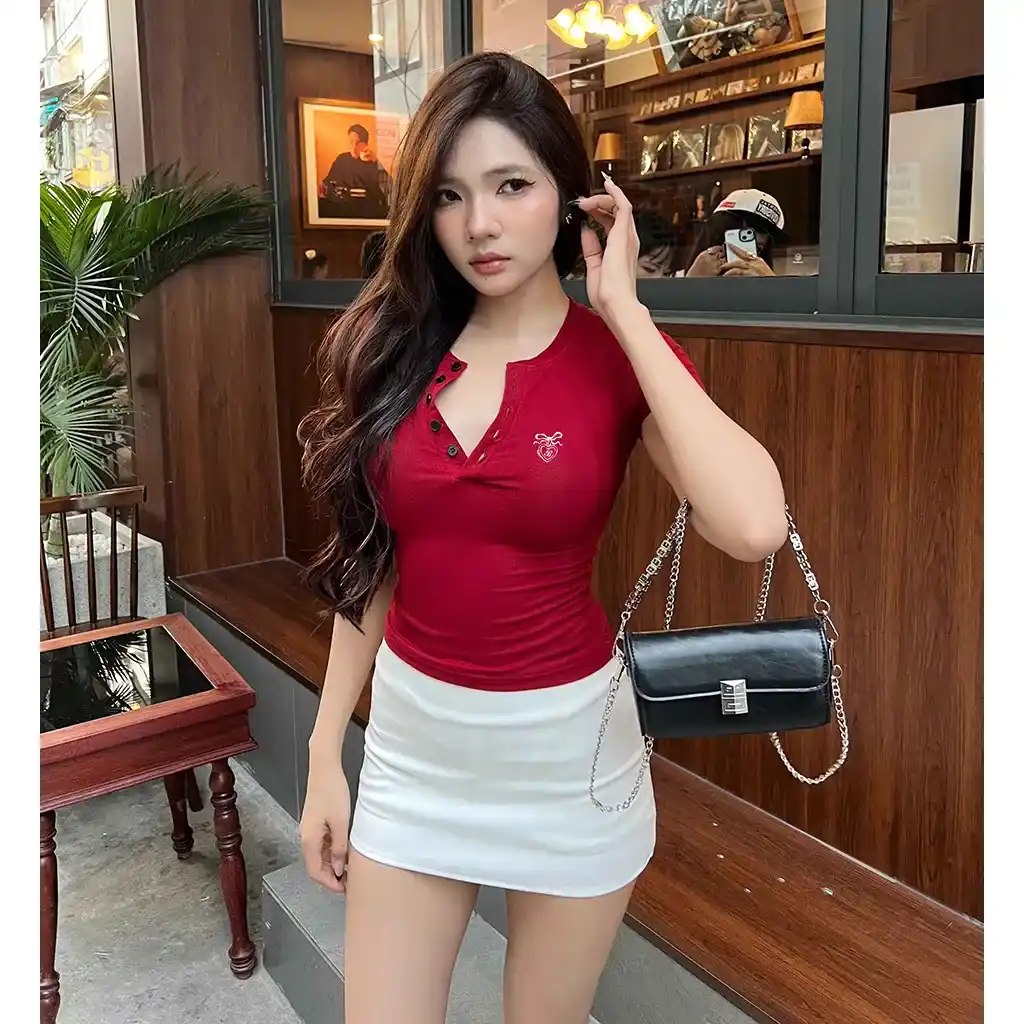 Áo thun ôm body Miucho vải visco thoáng mát tay ngắn cổ nút siêu hack dáng in artwork 2715_thumbnail_2